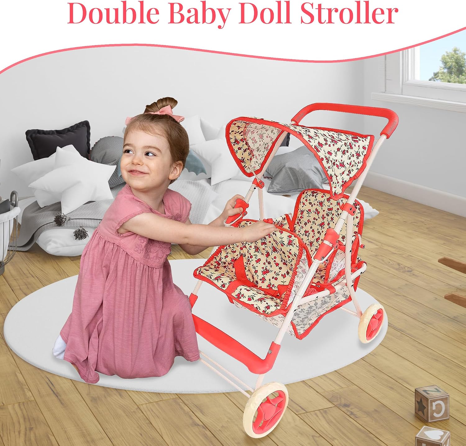 My First Doll Twin Stroller - Cutest Heart Design Doll Twins Stroller - Great Toy Gift for Girls