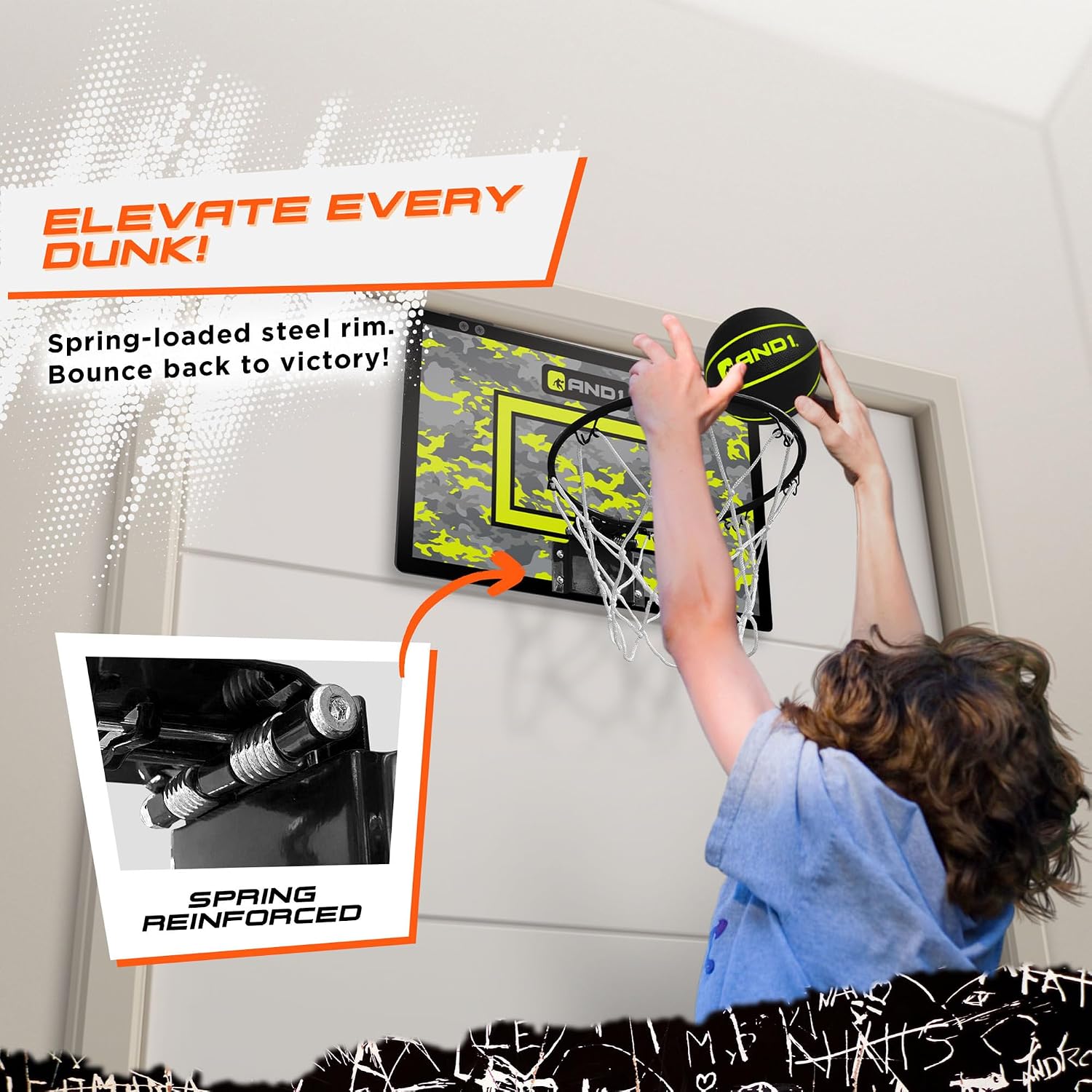 AND1 Over the Door Mini Basketball Hoop: 18x12 Shatterproof Backboard, 2 Mini Basketballs
