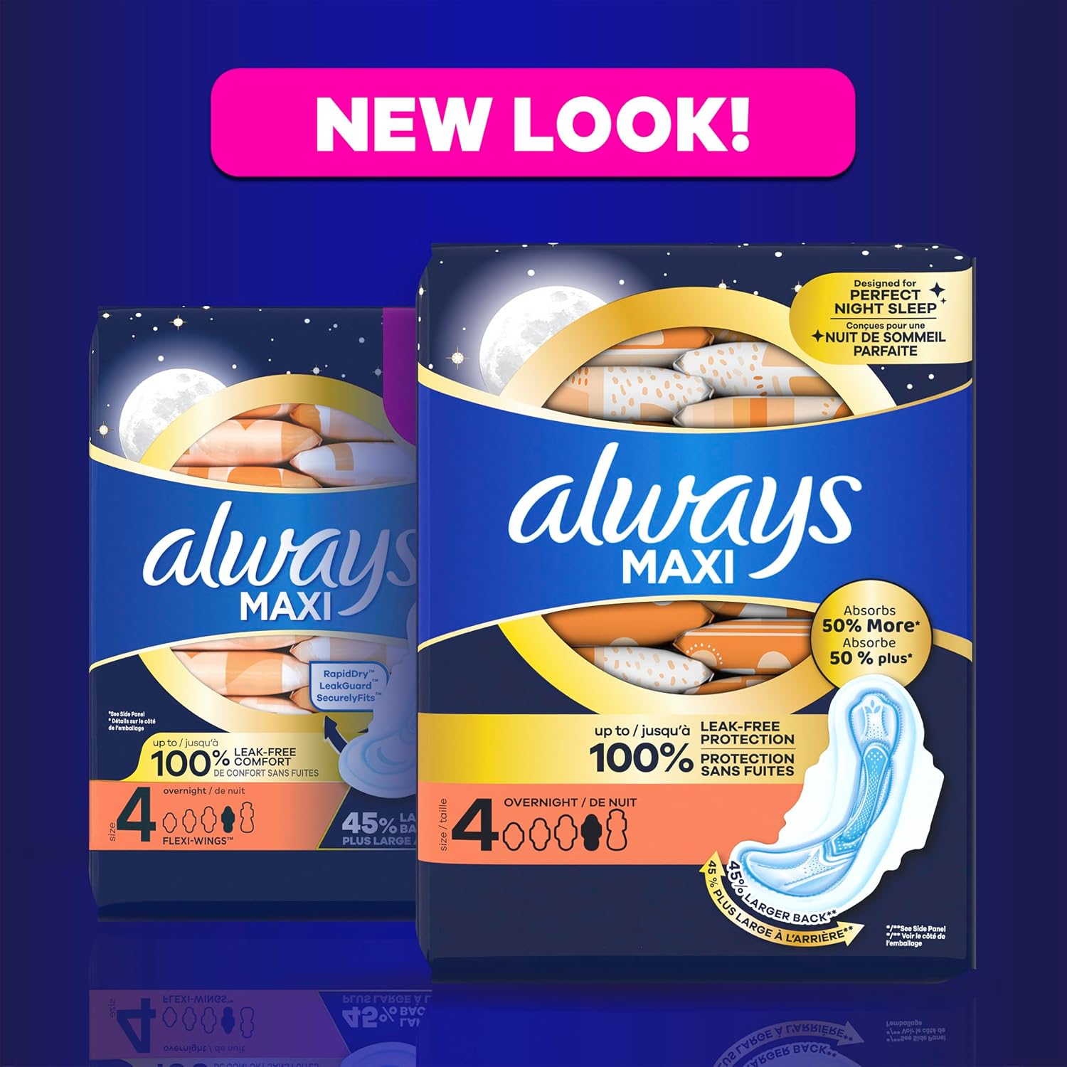 Always Maxi Overnight Feminine Pads with Wings for Women, Size 4, Overnight Absorbency, Unscented, Up to 100% Leak-Free Protection, 48 Count