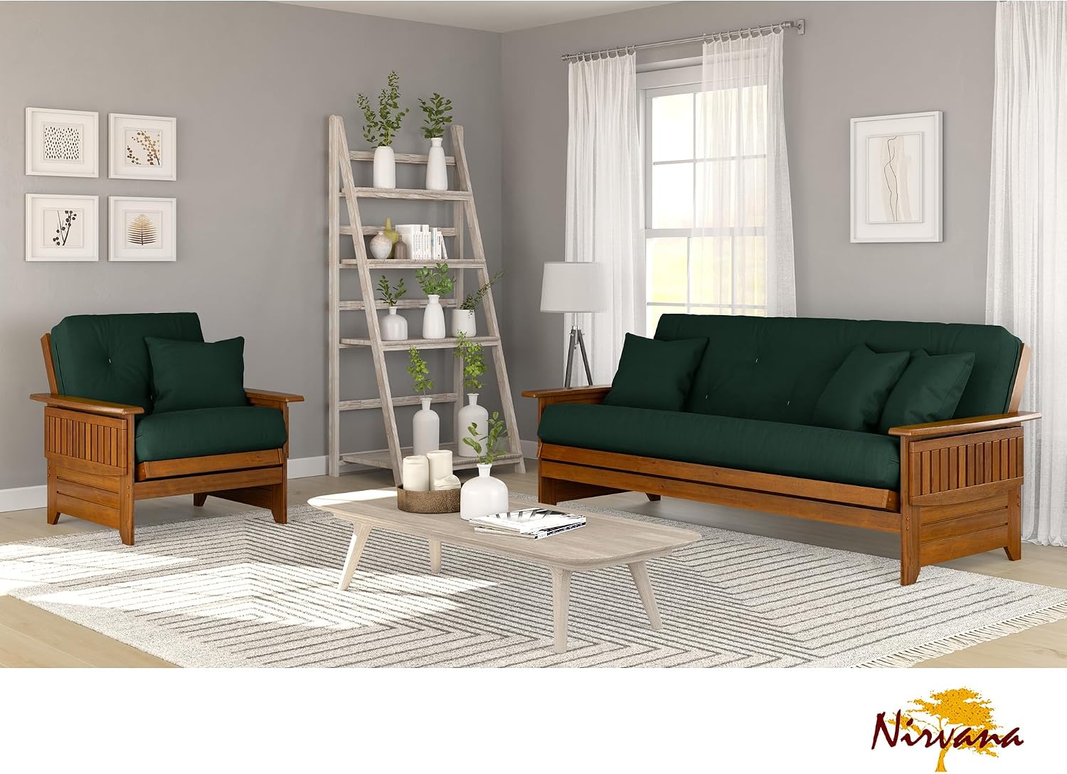 Brentwood Tray Arm Futon Sofabed Set - Queen Frame, 8" Microfiber Fudge Mattress, Heritage Finish