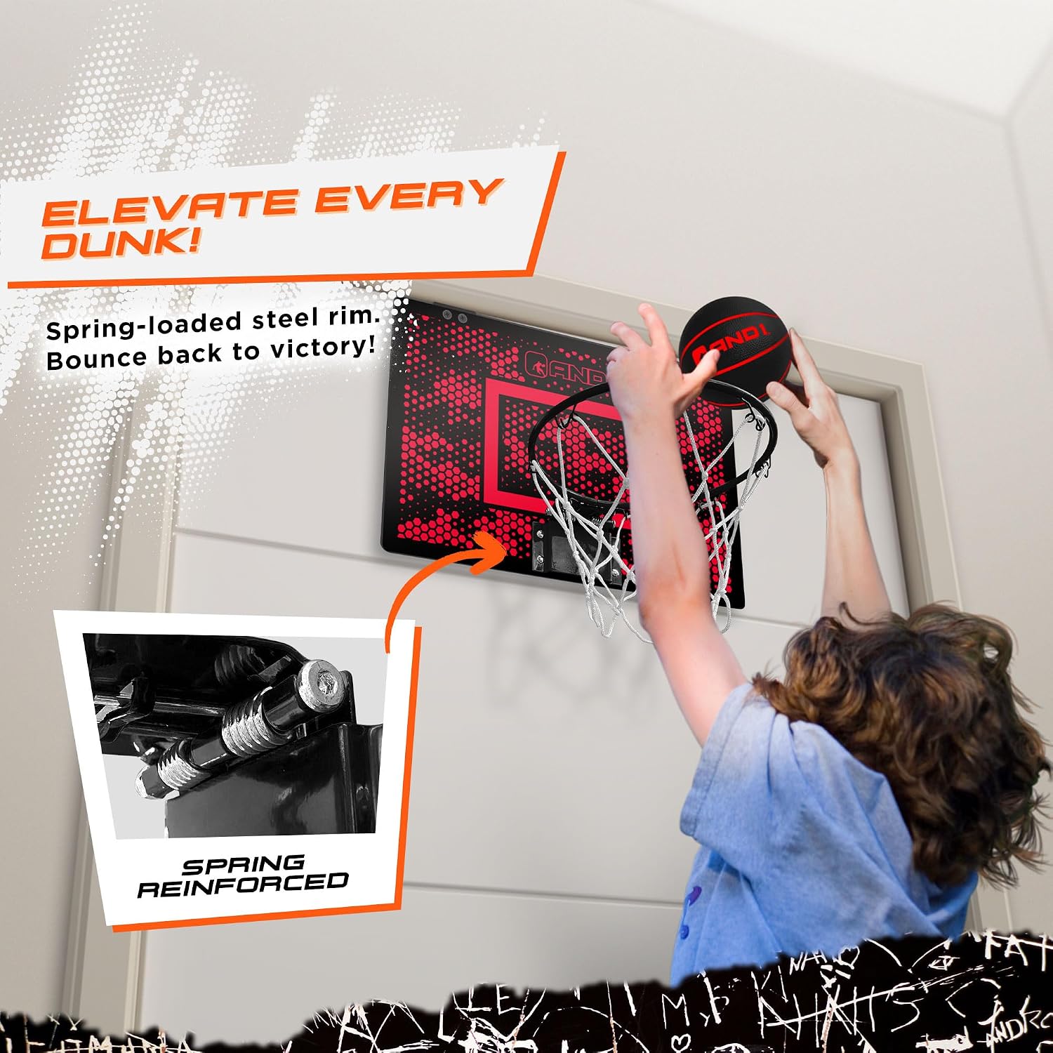 AND1 Over the Door Mini Basketball Hoop: 18x12 Shatterproof Backboard, 2 Mini Basketballs