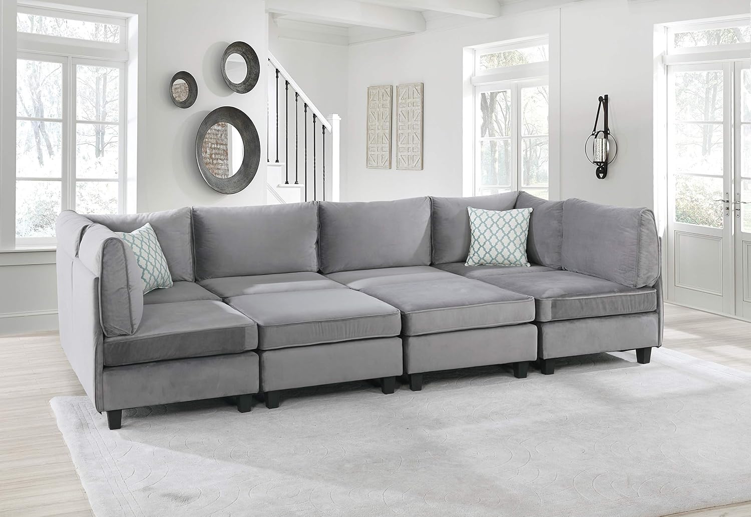 Lilola Home Simona 120-inch Modular Sectional Sofa, Gray Velvet 8-Piece U-Shaped Couch with 2 Ottomans & Accent Pillows
