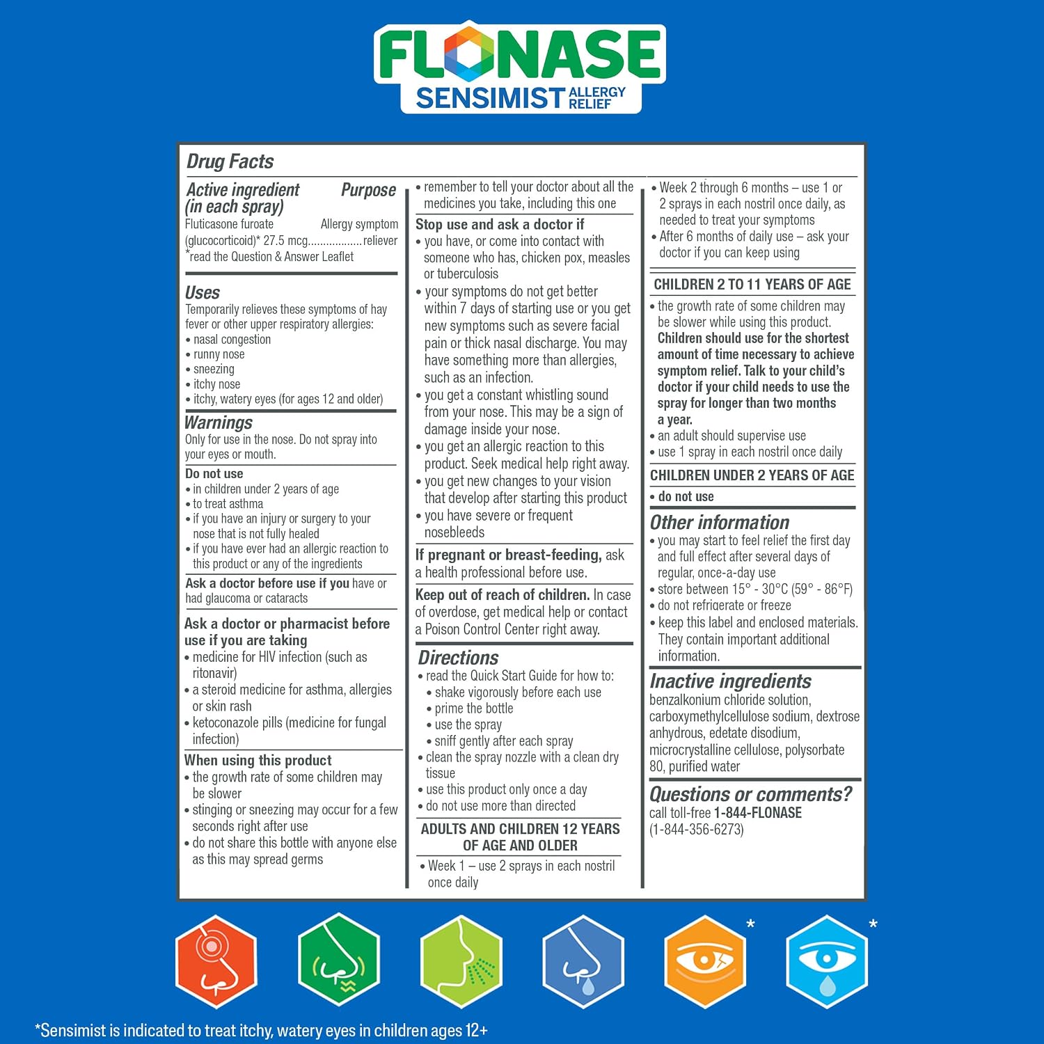 Flonase Sensimist Allergy Relief Nasal Spray, 120 Sprays | Tissues Included, Fluticasone Propionate Nasal Spray, Multi-Symptom Relief, 24-Hour Non-Drowsy Allergy Relief