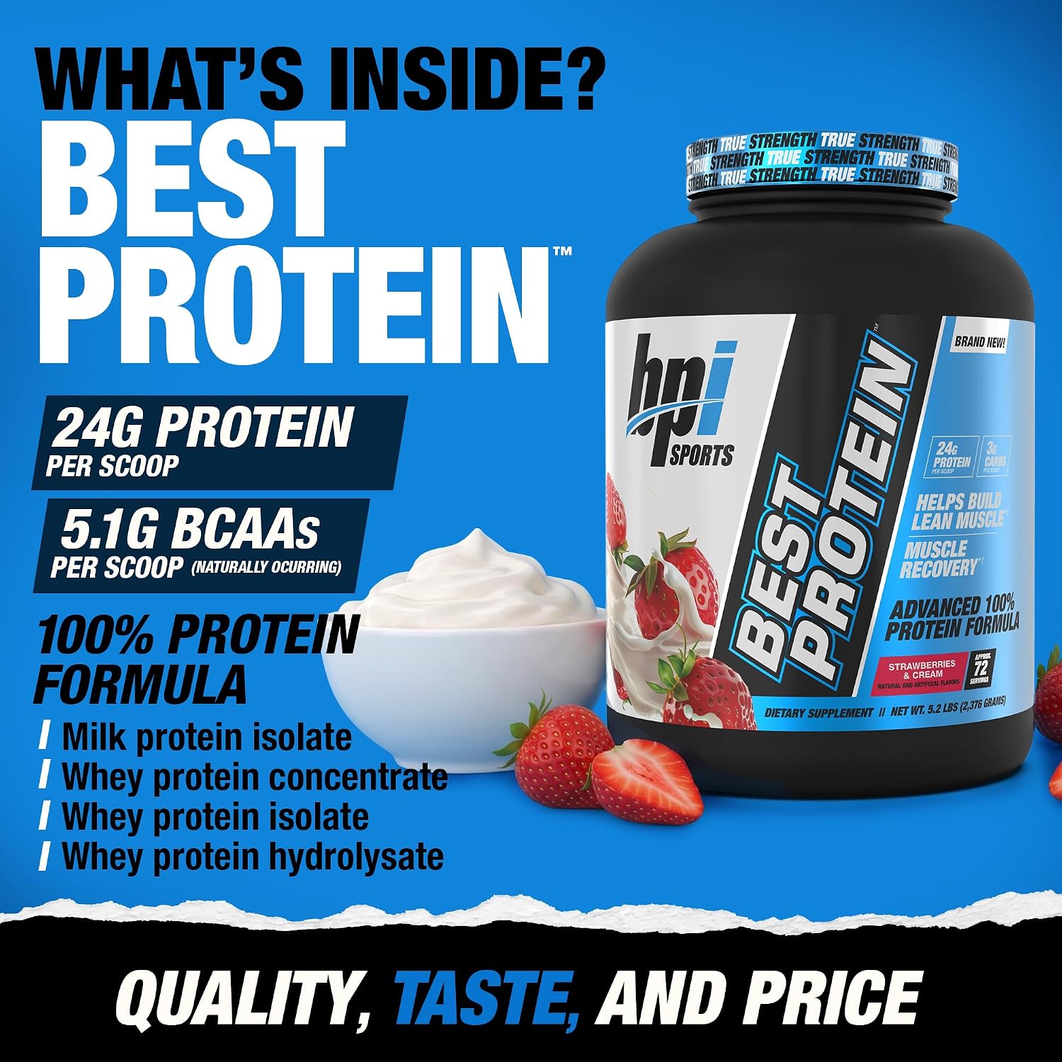 BPI Sports Best Protein – 100% Whey Protein Powder – Muscle Growth, Recovery, Meal Replacement – No Maltodextrin, No Fillers, Gluten Free – for Men & Women | Strawberries and Cream – 5.2 Pounds