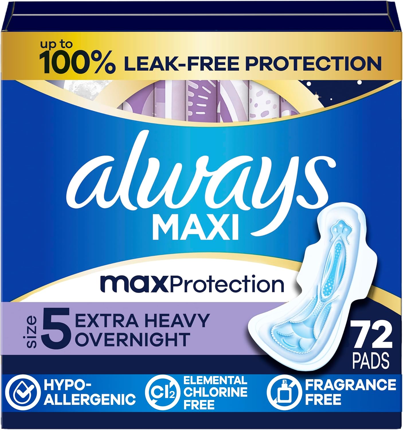 Always Maxi Overnight Pads with Wings for Women, Size 5, Extra Heavy Overnight Absorbency, Unscented, 36 Count