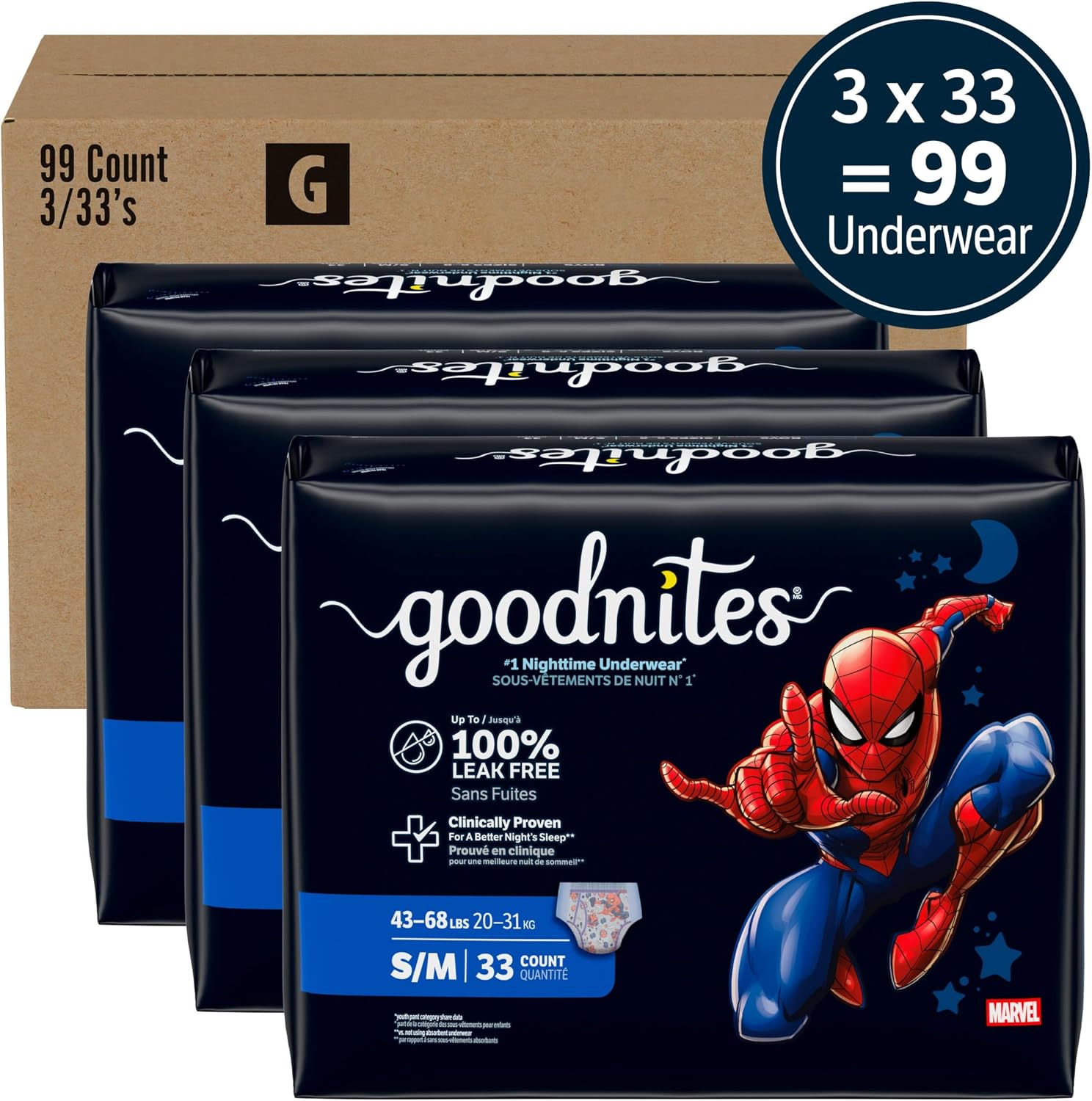 Goodnites Boys' Nighttime Bedwetting Underwear, Size S/M (43-68 lbs), 44 Ct (2 Packs of 22), Packaging May Vary