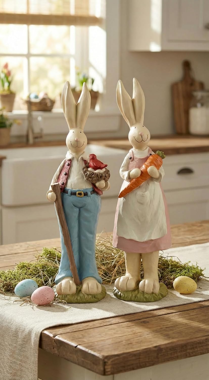 Easter Bunny Decorations Couple Rabbit Holding Bird Chutes and Carrot, Hand-Painted Crafts Statue