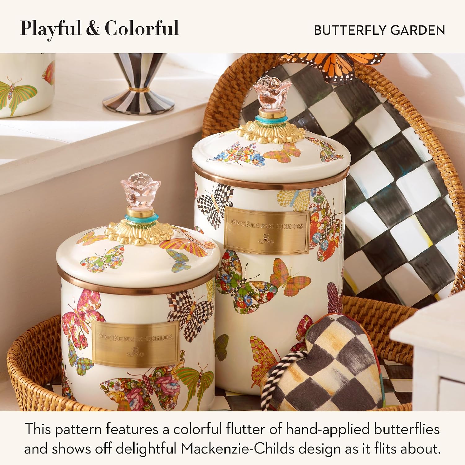 MACKENZIE-CHILDS Enamel Canister, Large, White Butterfly Garden | Hand-applied design, made from enameled steel, versatile kitchen storage container for flour and sugar, 64-ounce capacity
