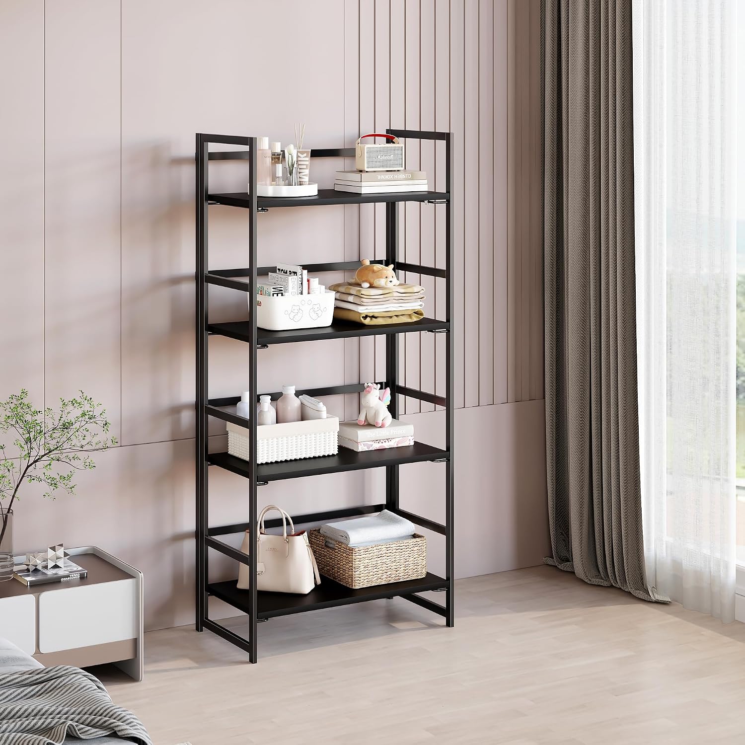 Vintage Multifunctional Folding Bookshelf, No-Assembly Plant Stand Storage Rack Shelves for Home Office (Fire, 5-Tier)