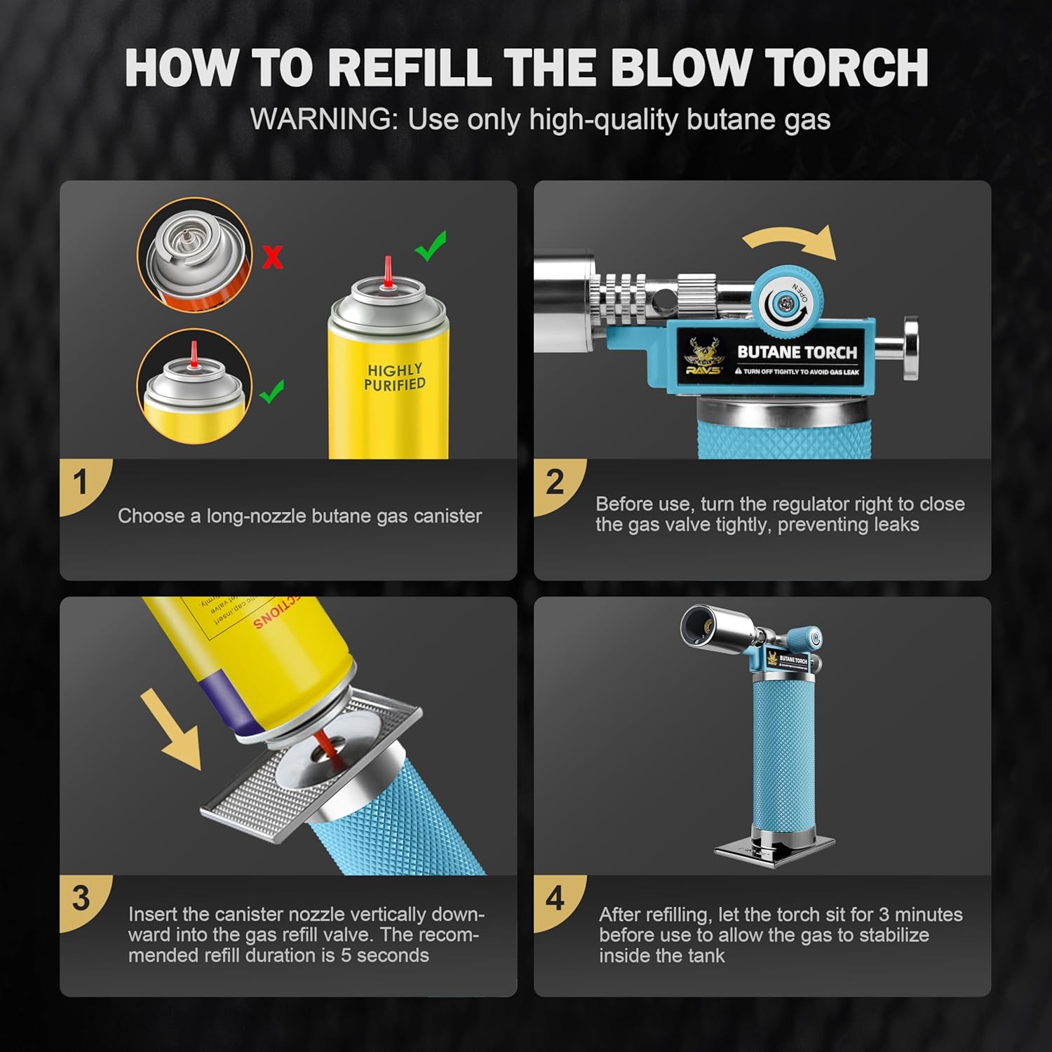RAVS Butane Torch Lighter, Premium Metal Kitchen Torch with Adjustable Flame & Safety Buckle, Refillable Creme Brulee Torch for Baking, BBQ, DIY