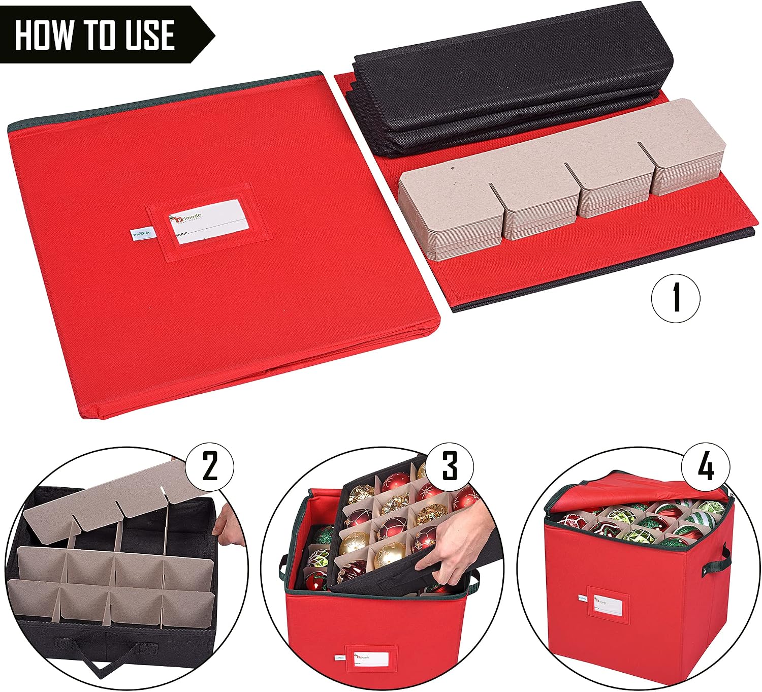 Christmas Ornament Storage Box, 4 Individual Trays Xmas Storage Container, Fits 64 Ornaments Decoration Balls, Constructed of Durable Polyester Material (Red)
