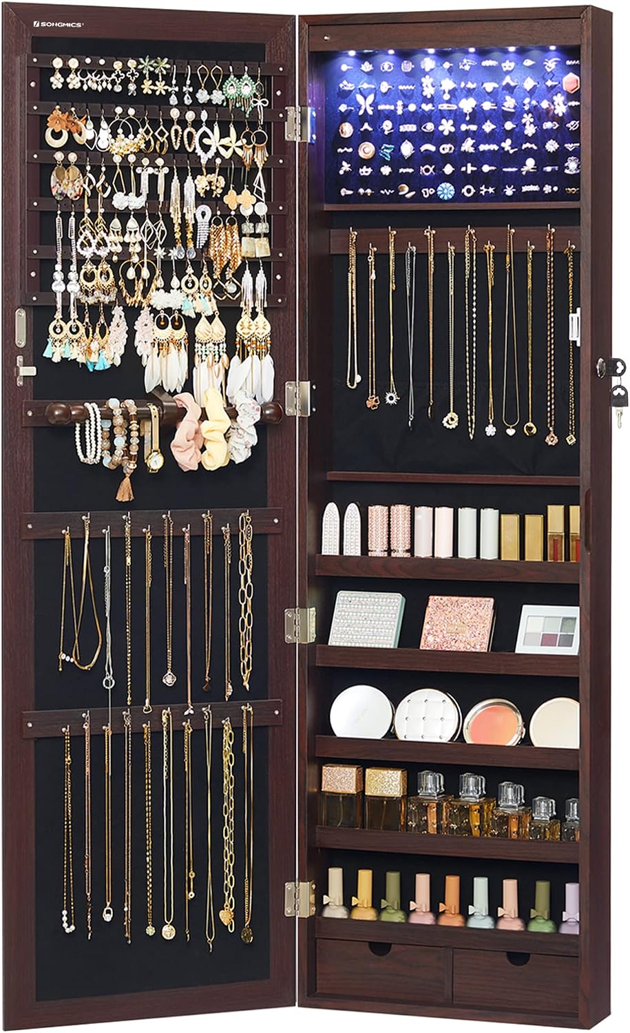 SONGMICS 6 LEDs Mirror Jewelry Cabinet, 47.2-Inch Tall Lockable Wall or Door Mounted Jewelry Armoire Organizer with Mirror, 2 Drawers, 3.9 x 14.6 x 47.2 Inches, White UJJC93W