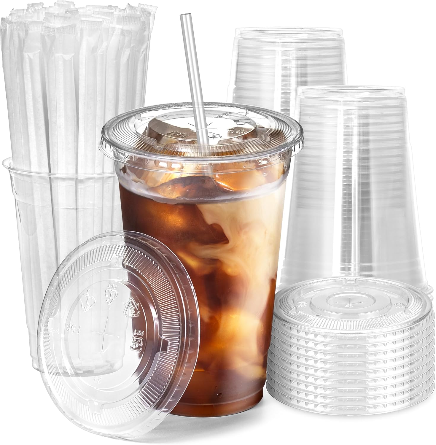Fit Meal Prep 100 Pack 16 oz Clear Plastic Cups with Flat Lids, Disposable Iced Coffee Cups, BPA Free Premium Crystal Smoothie Cup for Party, Lemonade Stand, Cold Drinks, Juice, Milkshake