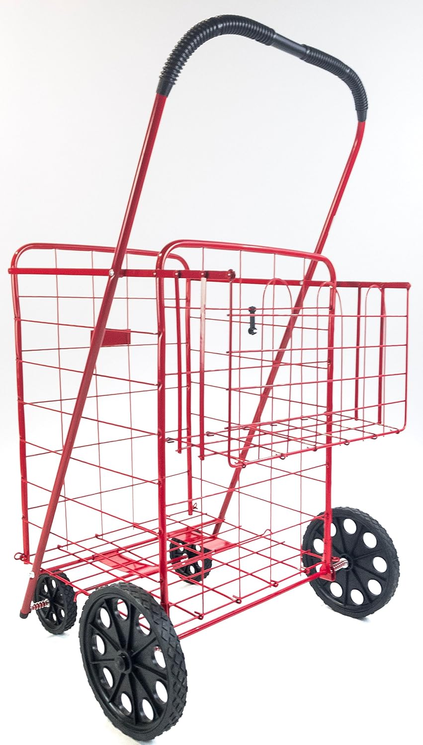 ATH Large Deluxe Rolling Utility / Shopping Cart - Stowable Folding Heavy Duty Cart with Rubber Wheels For Haul Laundry, Groceries, Toys, Sports Equipment, Red