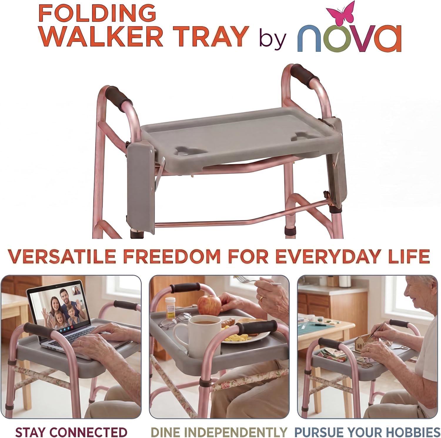 NOVA Folding Walker Tray Accessory – Flip-Up Walker Tray with 2 Cup Holders for Food