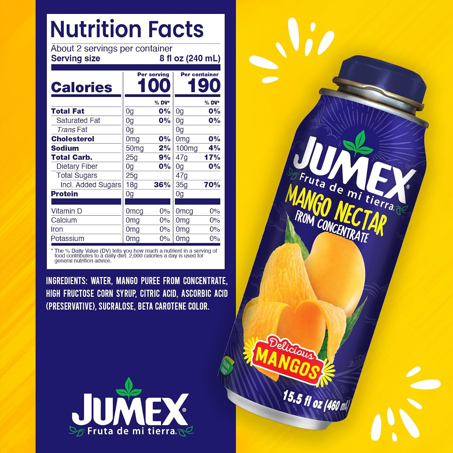 Jumex Mango Nectar Lata Botella - Made with Fresh Fruit Puree - Mango Juice Concentrate for Tropical Fruit Smoothie Mix, Cocktail Mixers & Kids Beverages - 15.5oz, 12 Pack Resealable Juice Bottles