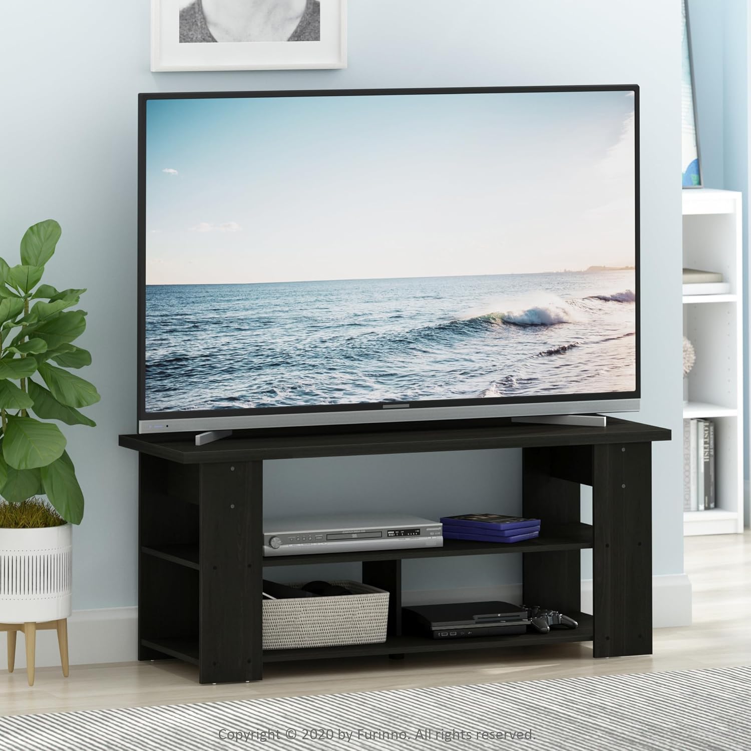 Furinno Nelly TV Stand, 3-Tier Entertainment Center with Open Shelves Storage, TV Console for TV up to 55 Inch, Soft Edges, for Living Room, Bedroom, Black