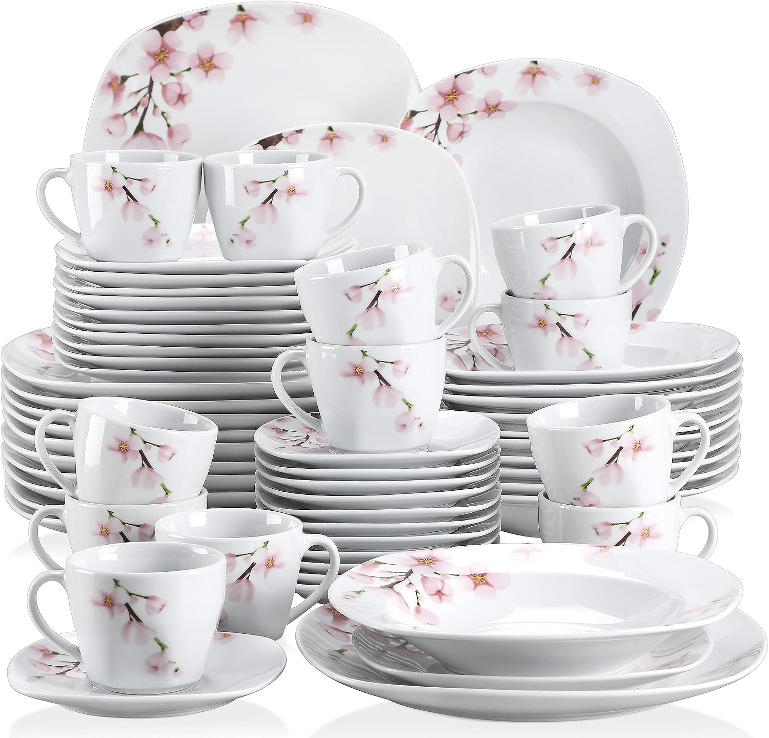 VEWEET 30 PCS Ceramic Dinnerware Sets for 6, Pink Floral Dish Set, ANNIE | Porcelain Dinner Set Including Dessert Plates, Soup Plates, Dinner Plates, Cups & Saucers, Microwave & Dishwasher Safe