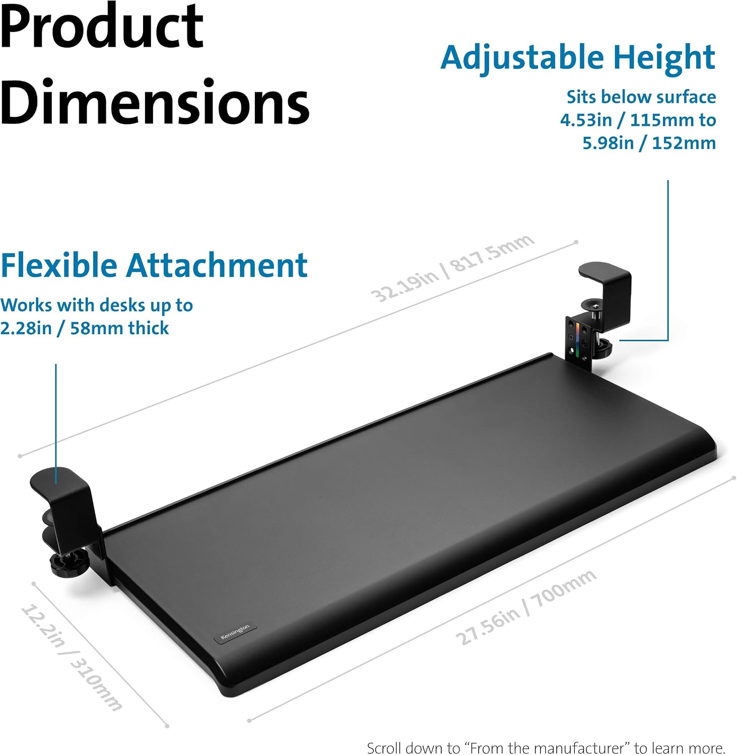 Kensington Clamp-On Keyboard Tray, Under Desk Keyboard Drawer with Cable Management, Ergonomic Smartfit Slide-out Height Adjustable Keyboard Holder