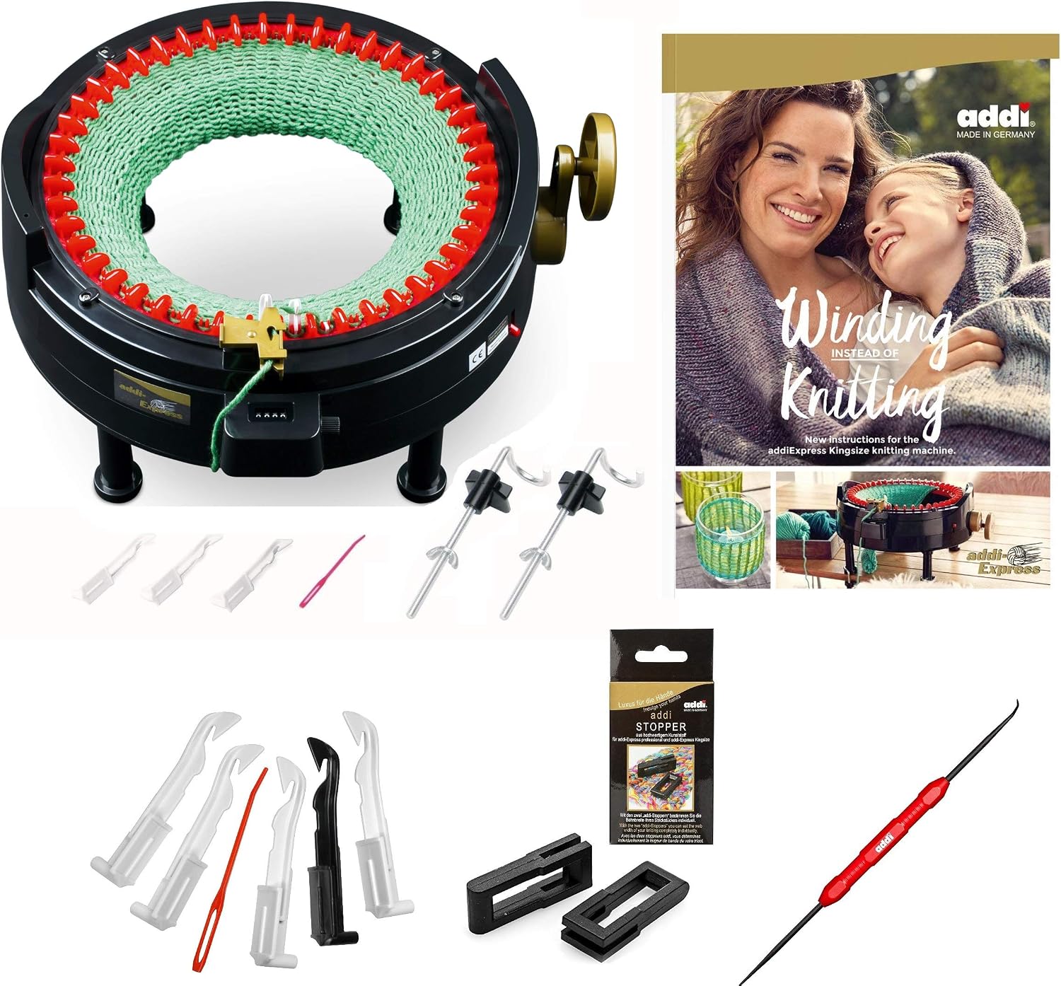Addi Express King Size Knitting Machine Kit Extended Version with Manual Counter Includes: 46 Needles, Knitting Machine, Pattern Book, Express Hook