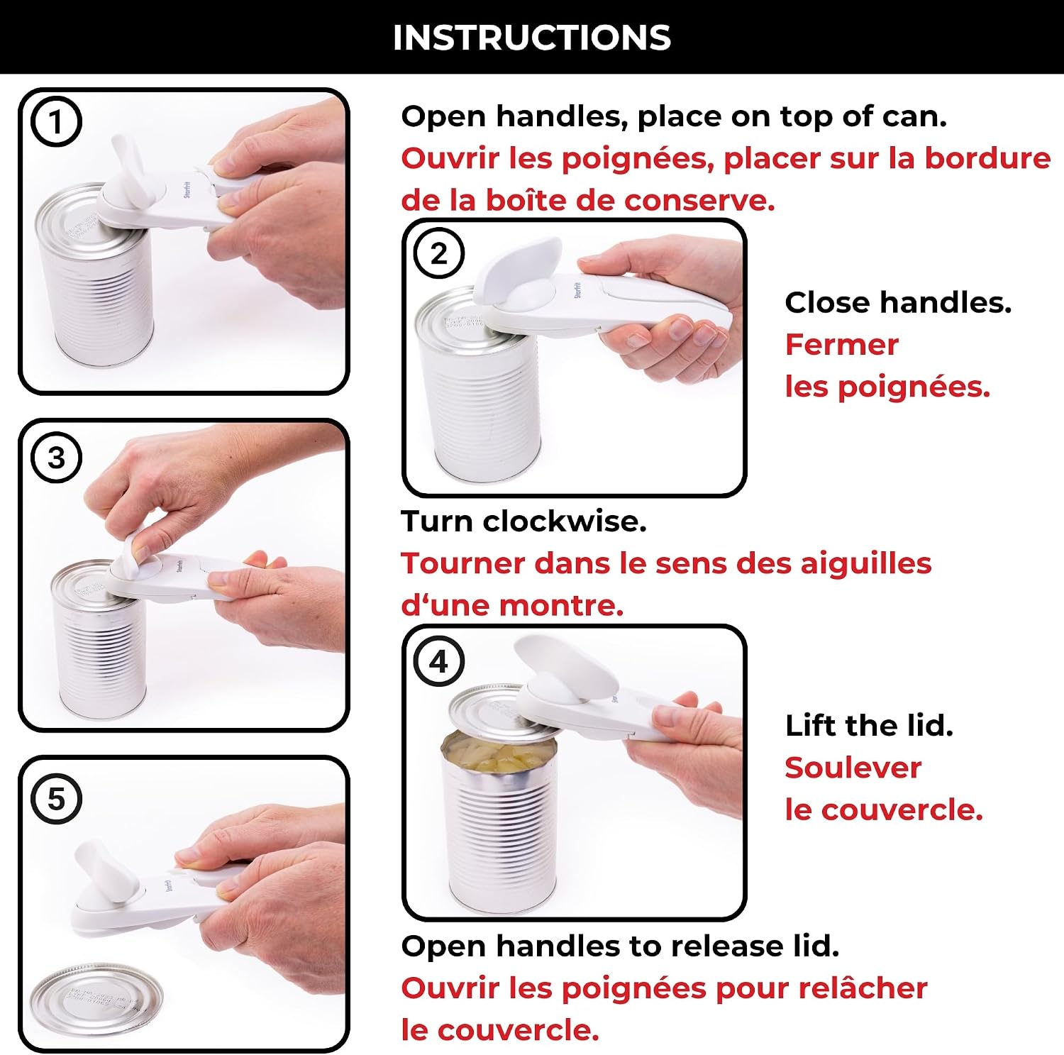 Starfrit Little Beaver Can Opener, Safe, Holds Lid and Leaves No Sharp Edges on Lid, Comfort Grip, 3-Year Warranty, White