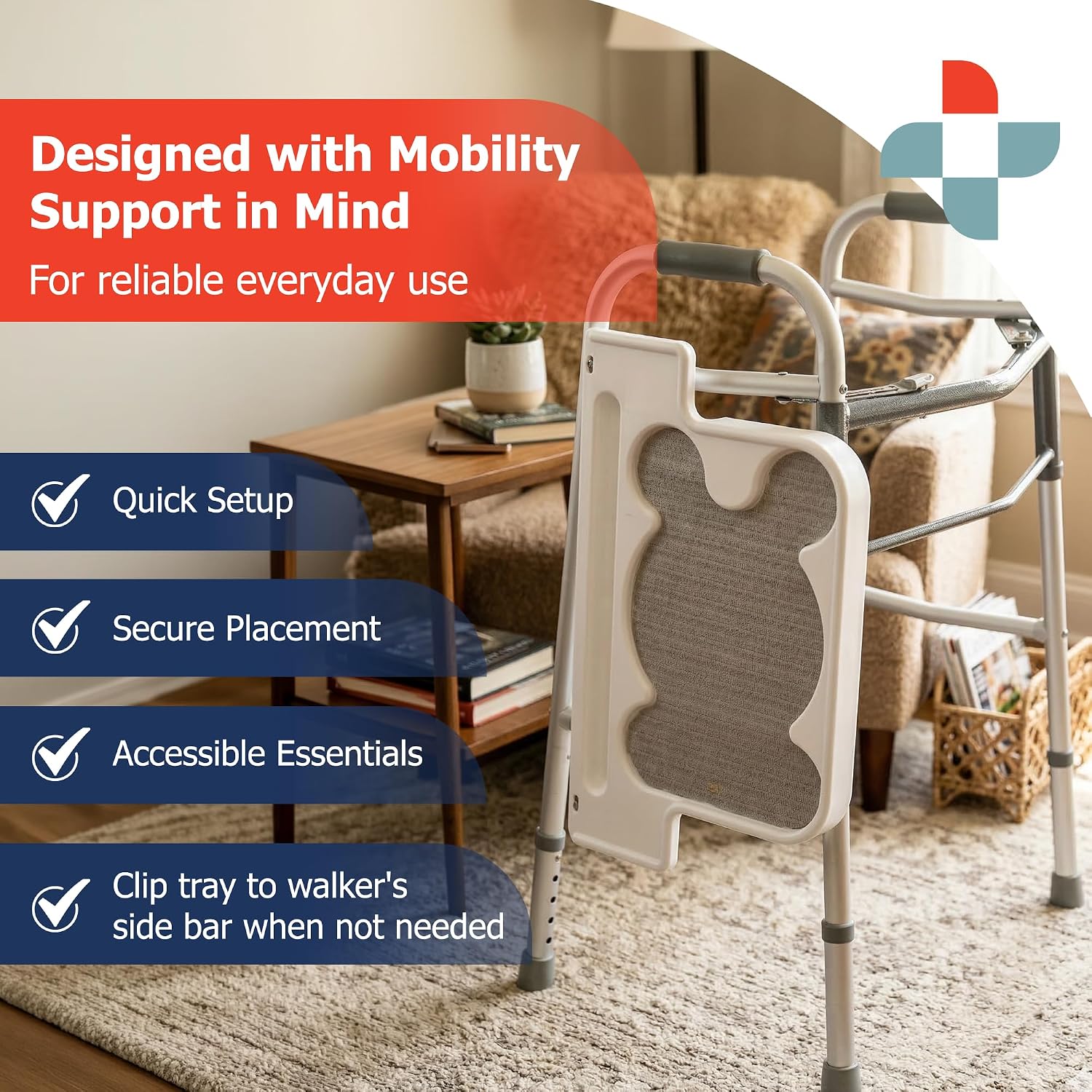 Sammons Preston Standard Walker Tray, Clip-On Surface with Cup Holders, Lightweight Raised-Edge Design for Bariatric Walkers, Stable Dining and Utility Support for Seniors and Mobility Aid Users