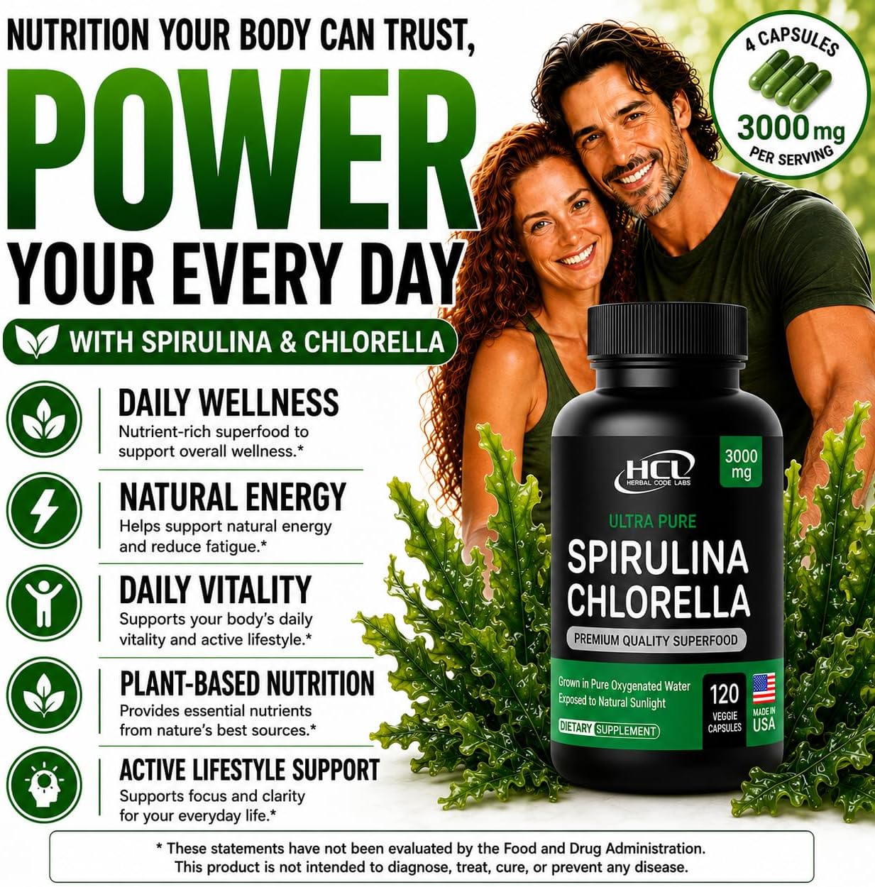 Chlorella Spirulina Powder Capsules 3000 mg of BMAA Free Purest Blue Green Algae - Best Natural Detox Raw Vegan Vitamins Protein Green Superfood