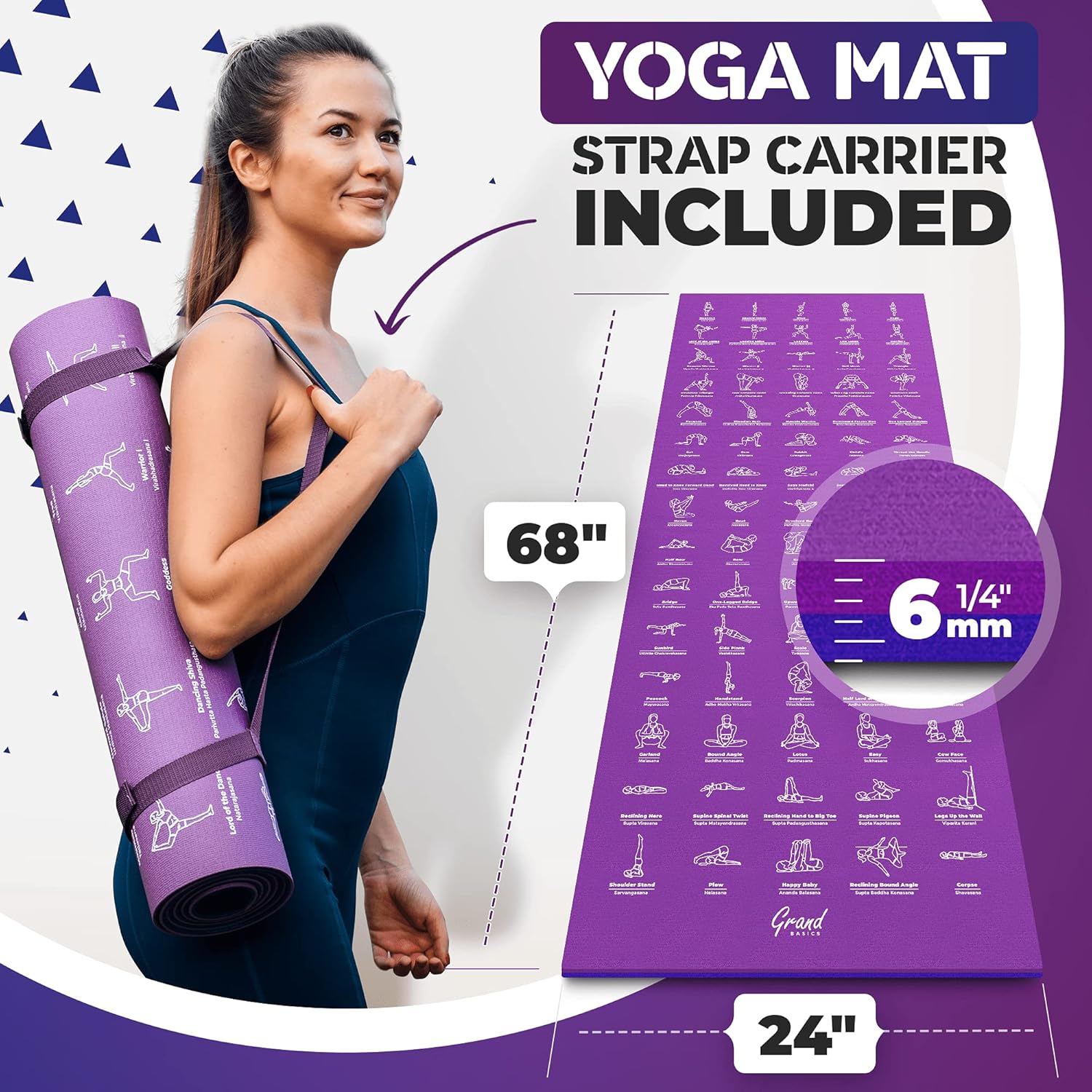 Instructional Yoga Mat with Carrying Strap: Cute Yoga Mat with 75 Illustrated Yoga Poses + 75 Easily-Followed Stretching Exercises - 1/4” Thick