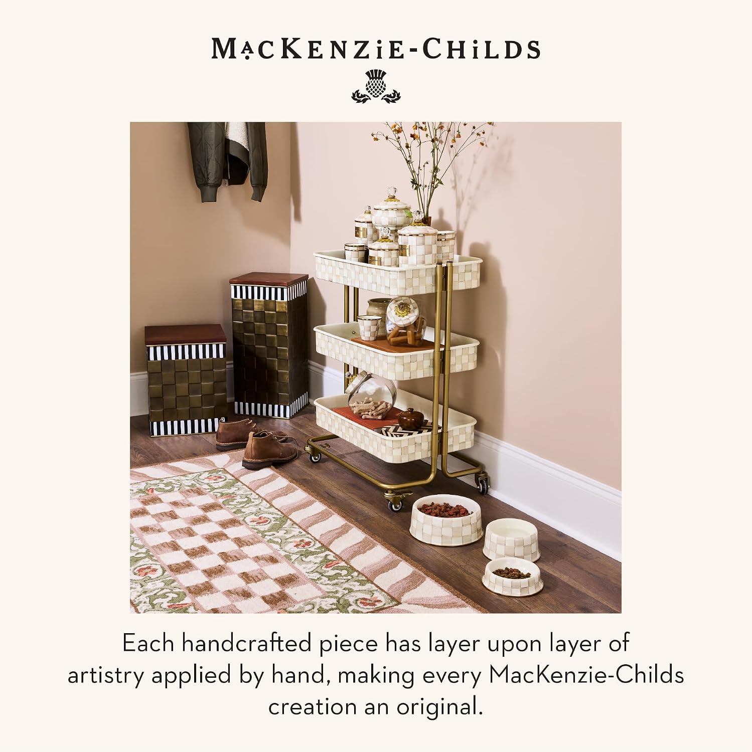 MACKENZIE-CHILDS Enamel Pet Dish, Large, Black-and-White Courtly Check | Decorative cat and dog bowl for food and water, 40-ounce capacity