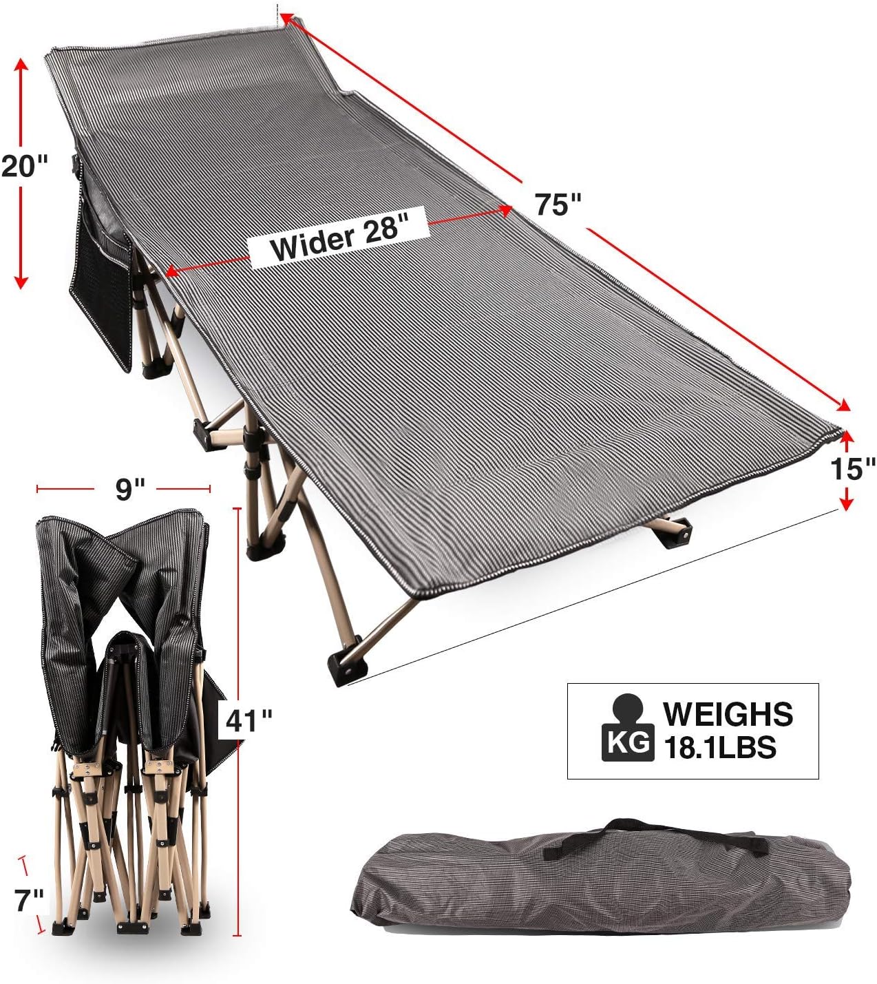 REDCAMP Oversized Camping Cots for Adults 500lbs, 33.5'' Extra Wide Tall Sleeping Cots Heavy Duty, XL Cots Portable for Outdoor Indoor Office