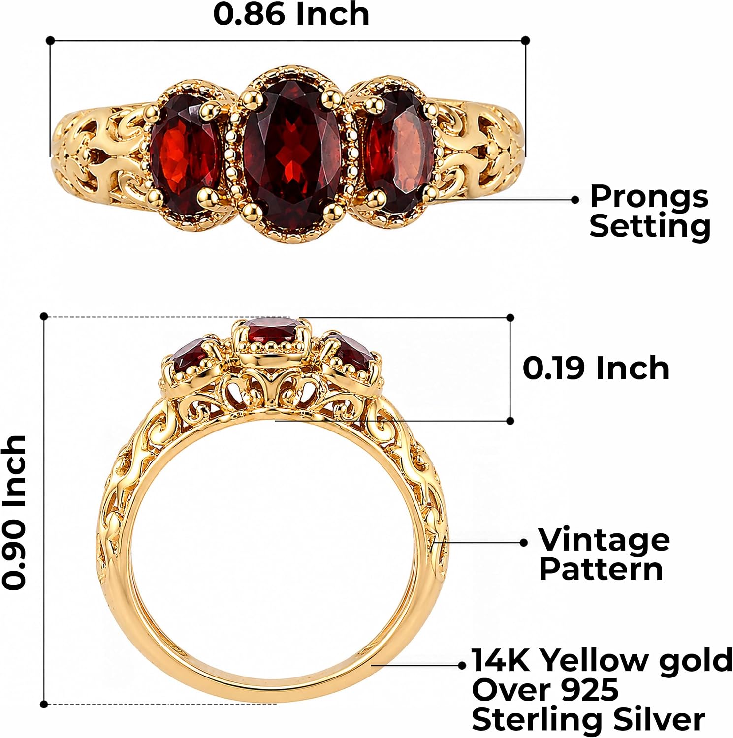3 Stone Garnet Ring Silver with 14K Gold Plating January Birthstone Ring