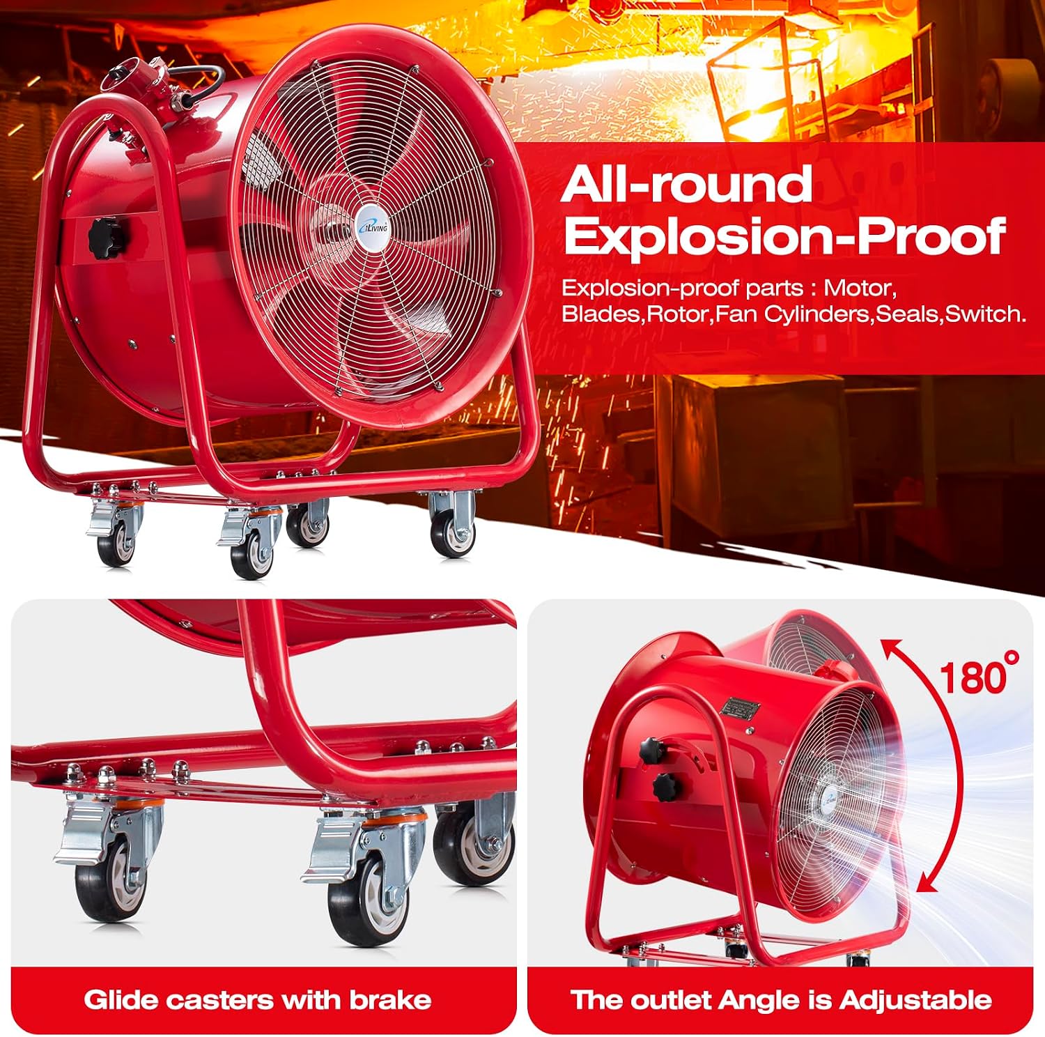 iLiving - ILG8EF12EX Explosion Proof Utility High Velocity Blower, Fume Extractor, Portable Exhaust and Ventilator Fan, Air Ventilation with 2720 CFM