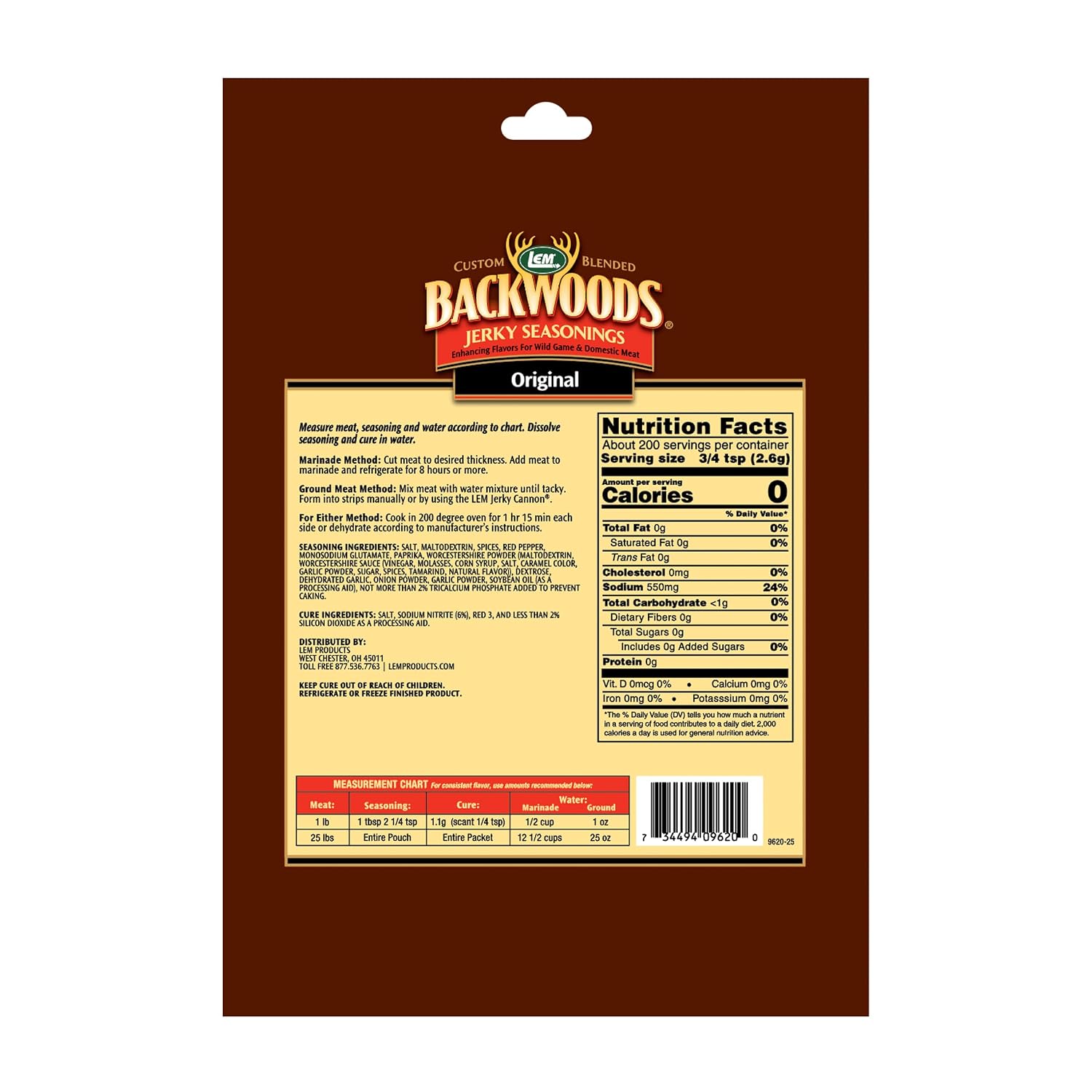 LEM Products Backwoods Original Jerky Seasoning, Ideal for Wild Game and Domestic Meat, Seasons Up to 25 Pounds of Meat, 18.3 Ounce Packet with Pre-Measured Cure Packet Included