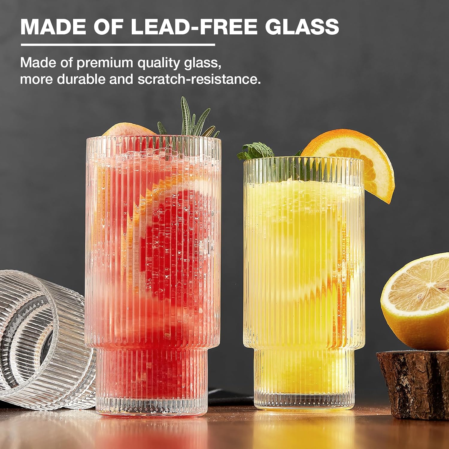 Qipecedm® 6 Pack Ribbed Drinking Glasses, 16 oz Vintage Glass Cups, Highball Glasses, Premium Iced Coffee Glasses, Clear Glass Tumbler