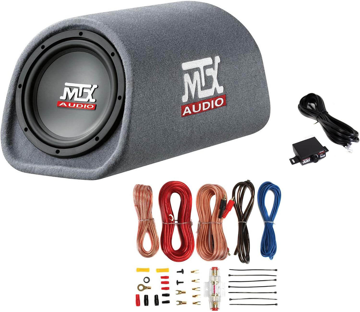 MTX Audio RT8PT 8" 240W Enclosure Amplified Vented Tube Box Car Loaded Subwoofer & Soundstorm AKS8 8 Gauge Car Amplifier Amp Complete Wiring Kit