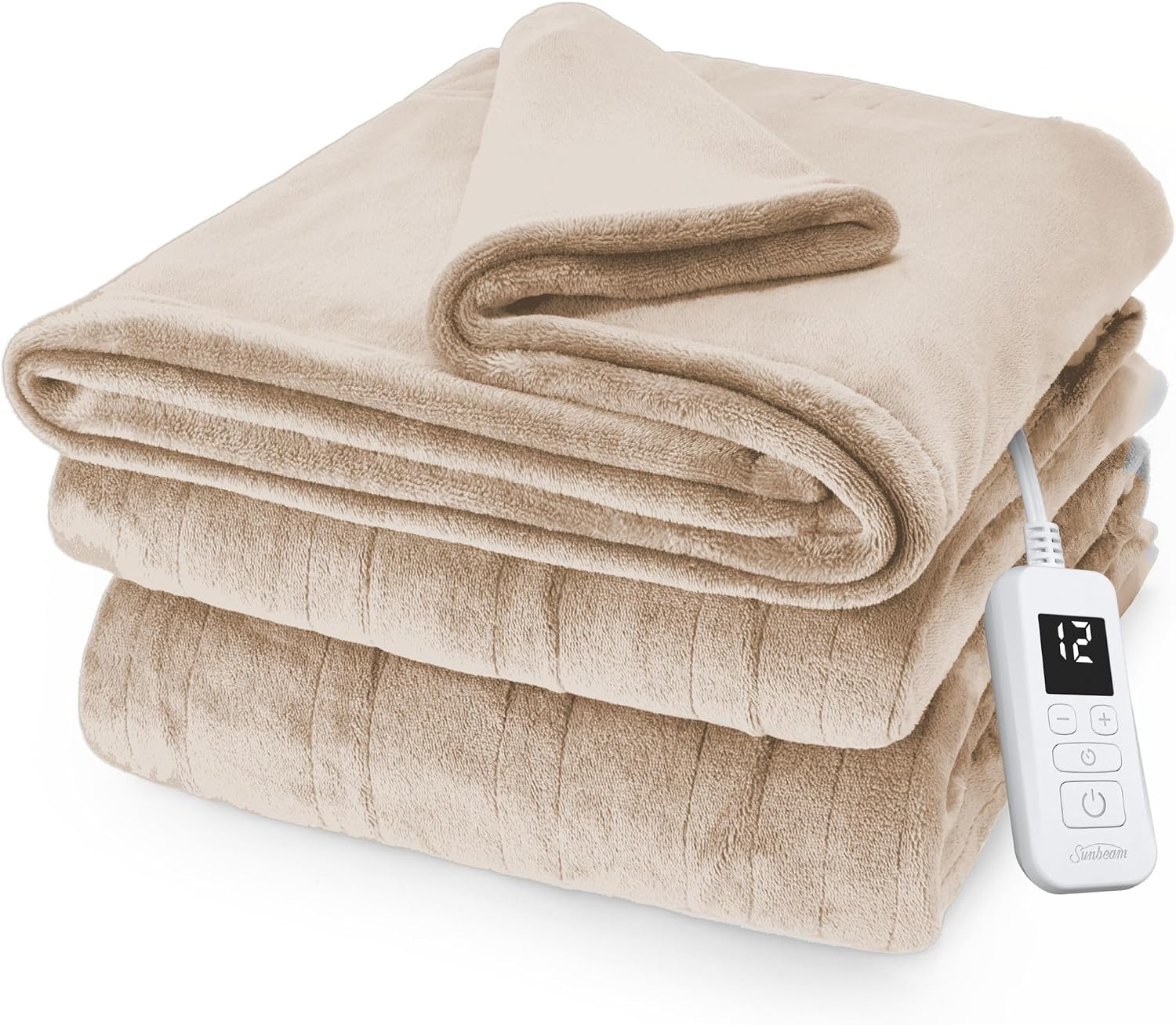 Sunbeam Electric Royal Posh Velvet Heated Blanket, 12 Heat Settings, 12-Hour Selectable Auto Shut-Off, Fast Heating, Warm and Lush, Champagne Color, King, 90" x 100"