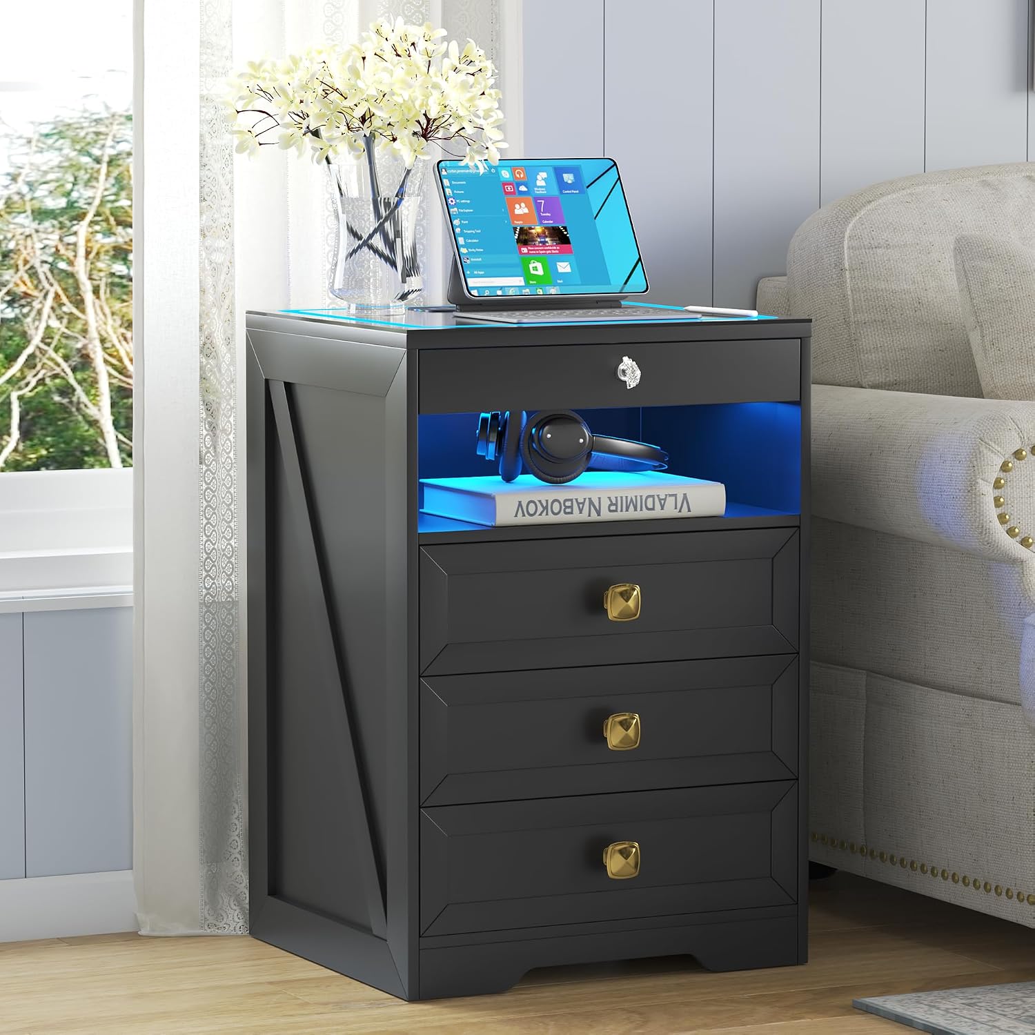 Lvifur LED Nightstand with Lockable Gun Drawer and Human Sensor, Black | USB & Type-C Charging Station, 3 Dimmable Lights, Adjustable Brightness, 3 Drawers, Farmhouse Style, Human Body Induction
