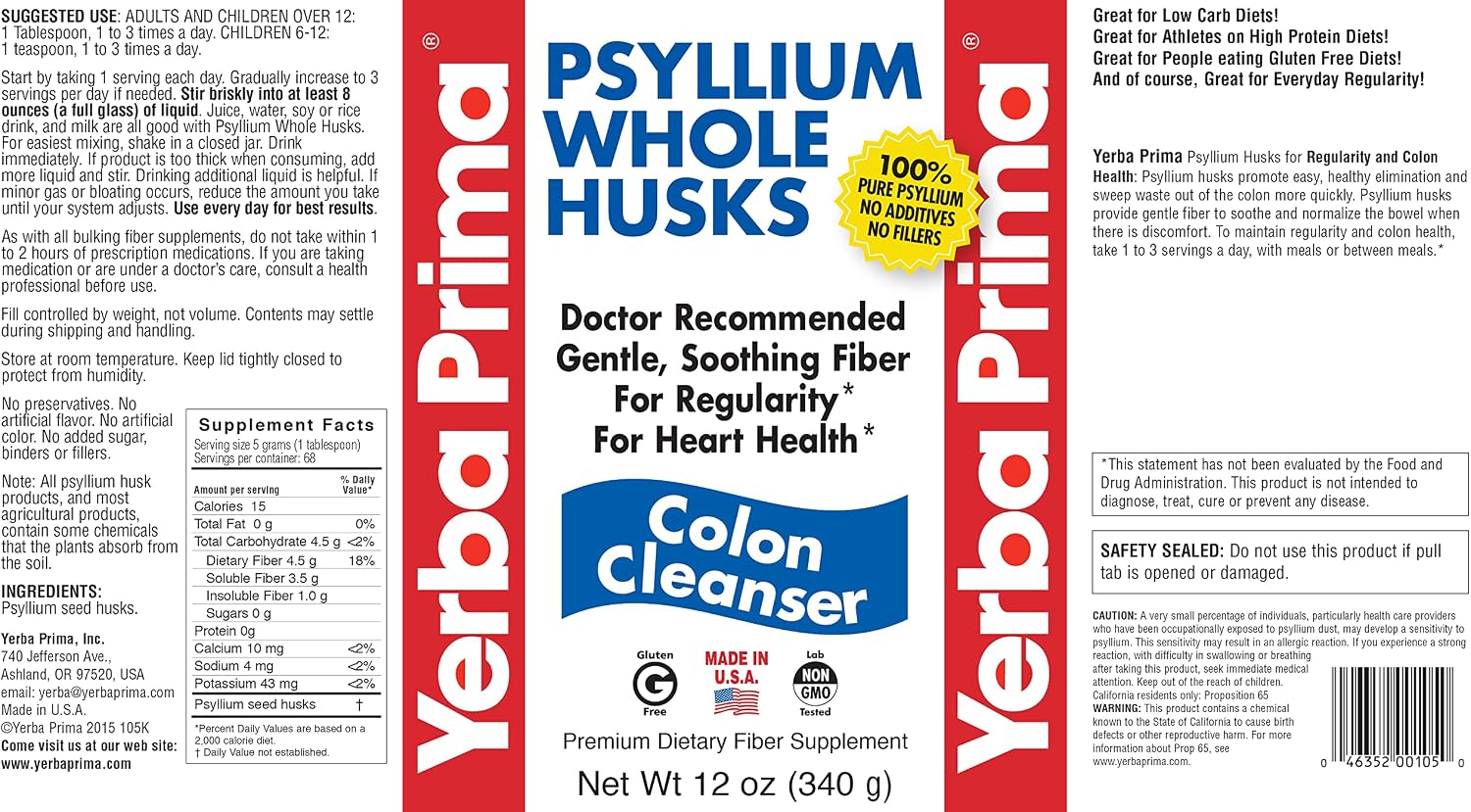Yerba Prima Psyllium Whole Husks, Colon Cleanser 12 oz (Pack of 2) - All Natural Dietary Fiber, Pure Premium Psyllium, Lab-Tested Non-GMO, Gluten-Free Fiber
