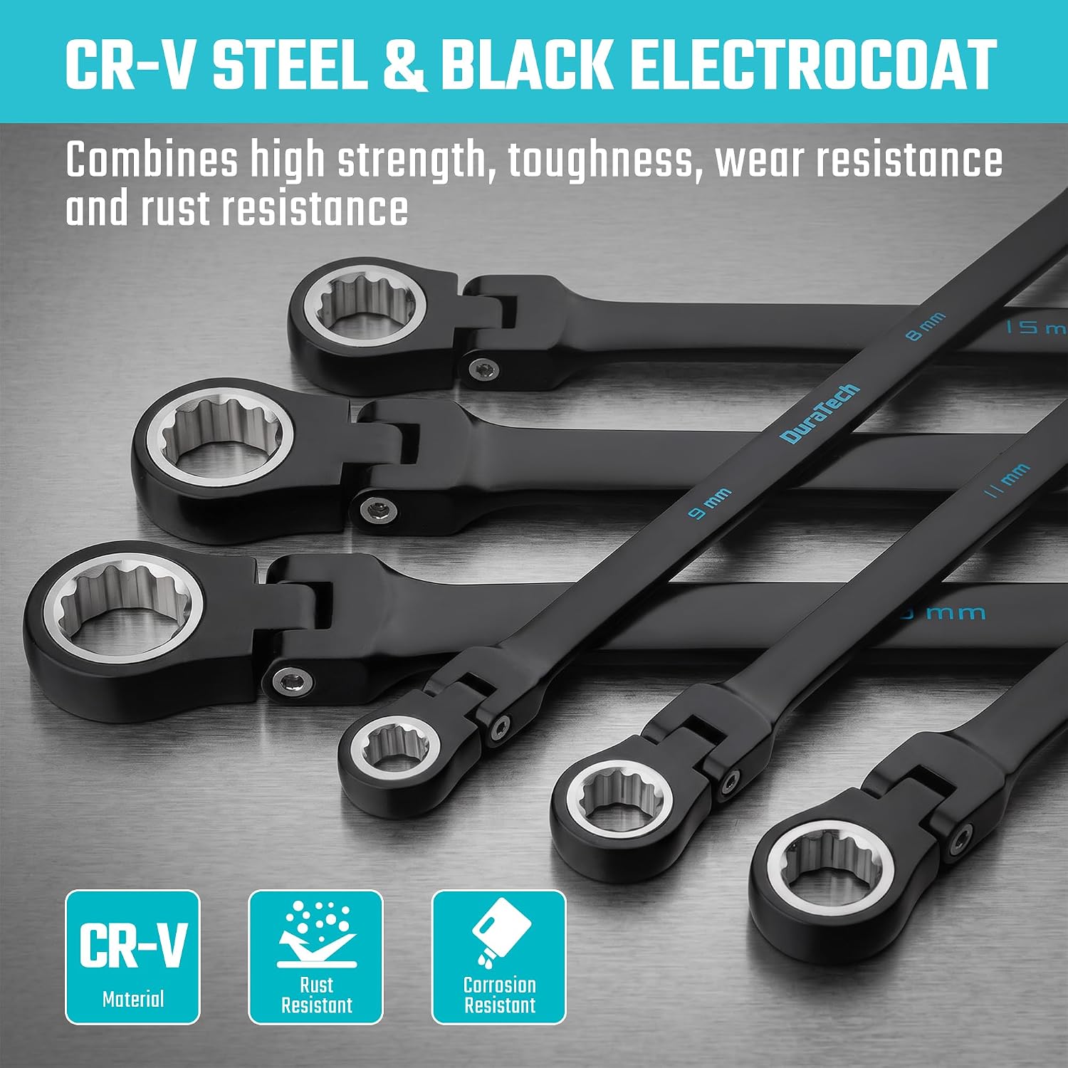 DURATECH Extra Long Flex-Head Ratcheting Wrench Set, Metric, CR-V Steel