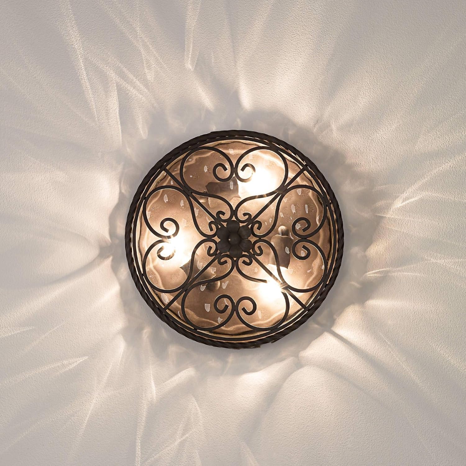 Casa Seville 12" Walnut Rustic Indoor-Outdoor Ceiling Light Fixture | Flush-Mount Dark Scroll Water Glass Damp Rated for Exterior House Porch Patio Outside Deck Garage Front Door Home