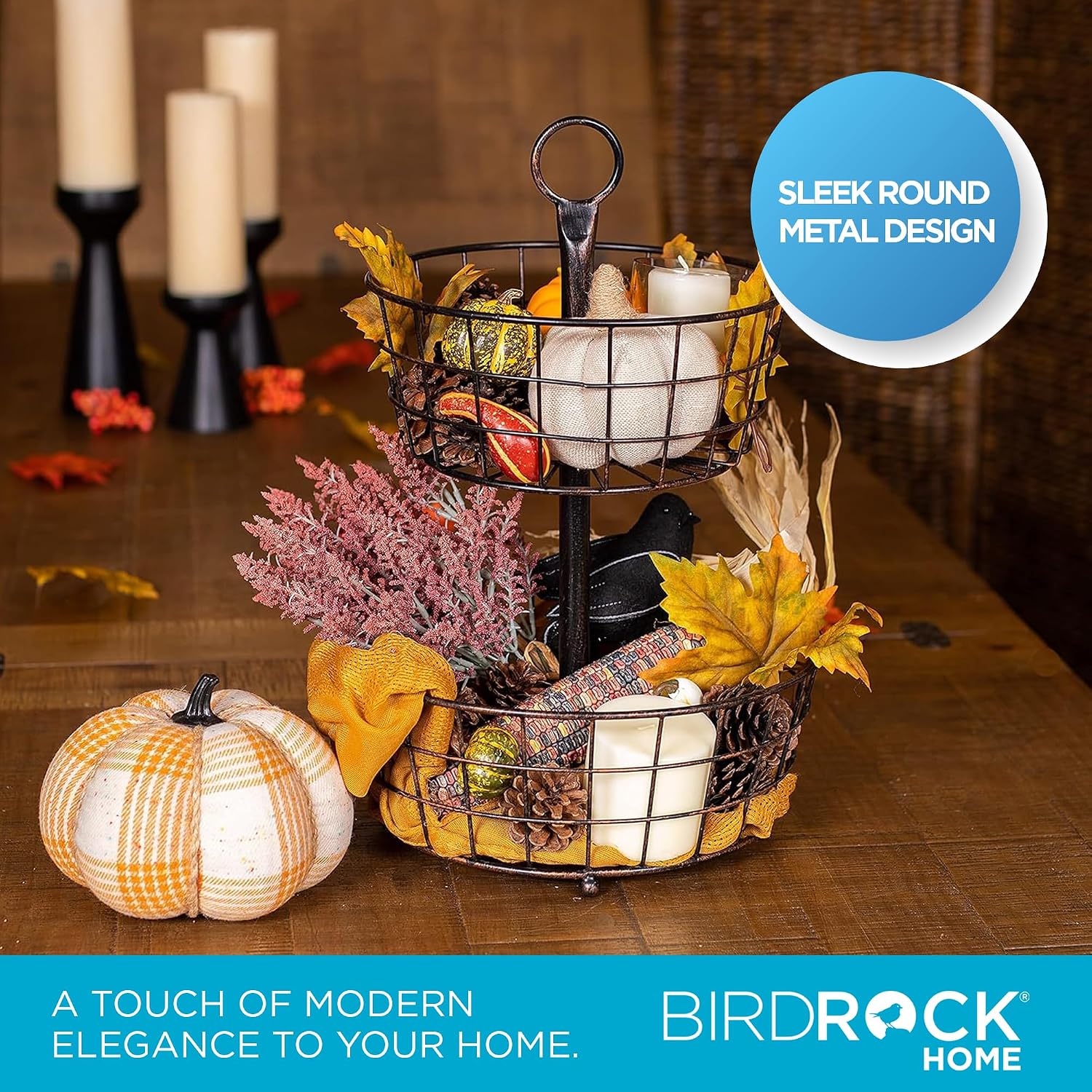 BIRDROCK HOME 3 Tier Wire Fruit Basket | Round Metal Standing Baskets | Fruit Vegetable Garlic Caddy | Freestanding Rustic Decorative Basket