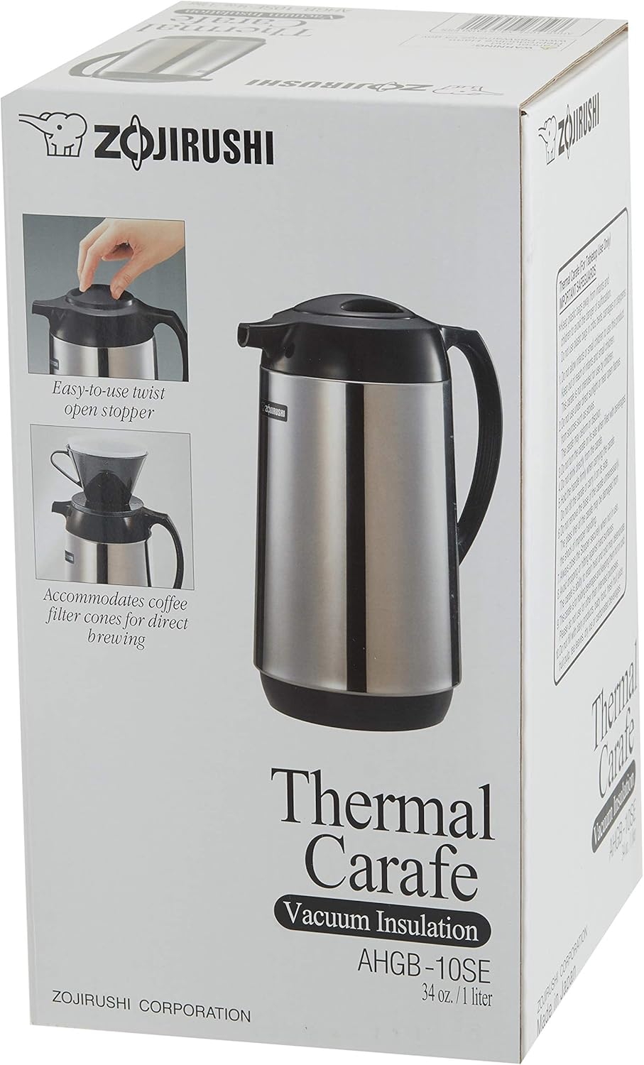 Zojirushi AHGB-10SE, Thermal Serve Carafe, 34 oz. / 1.0 liter, Polished Stainless Steel, Made in Japan