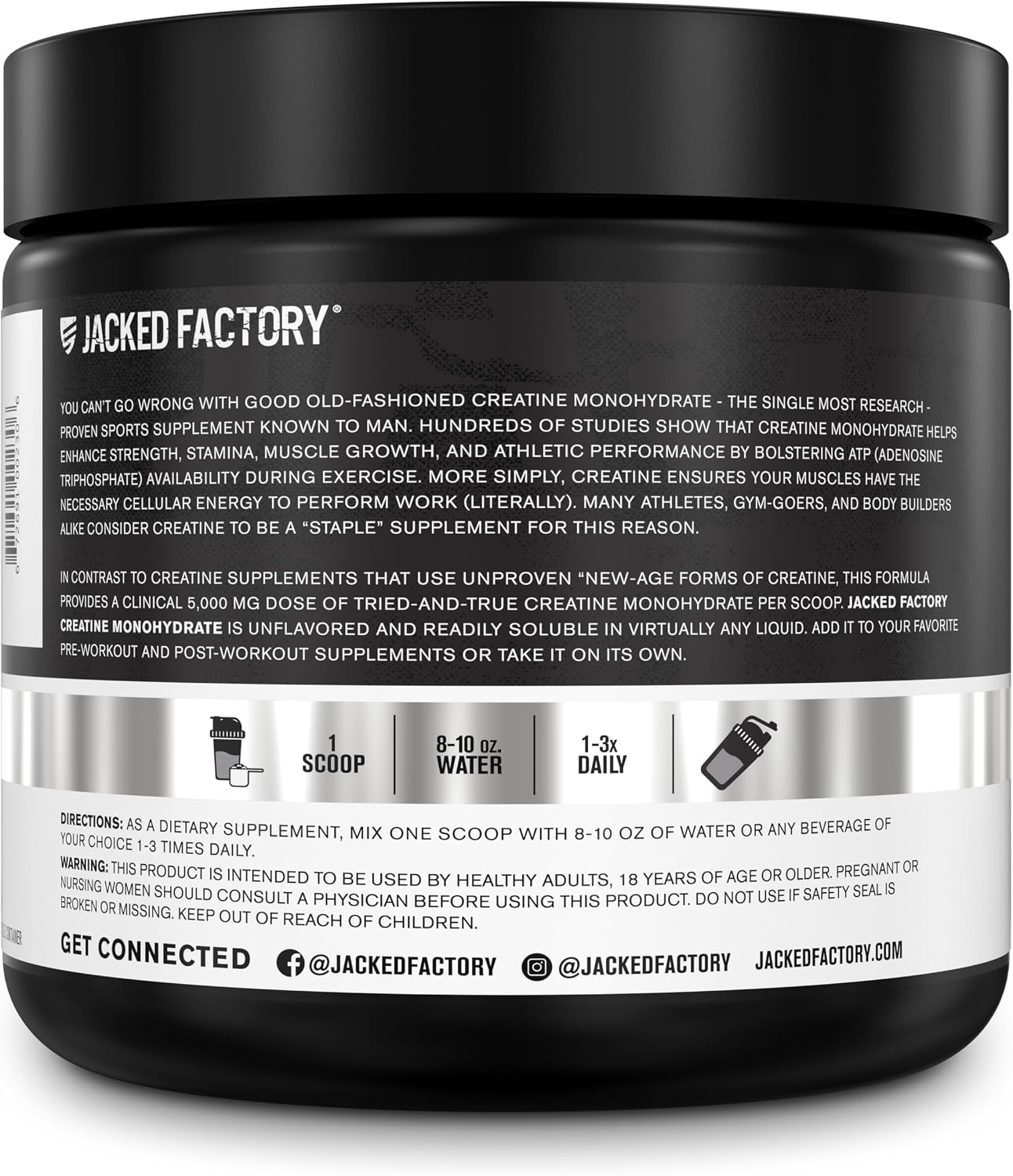 Jacked Factory Creatine Monohydrate Powder 425g - 5g Daily Micronized Creatine Monohydrate for Men and Women, Vegan-Friendly