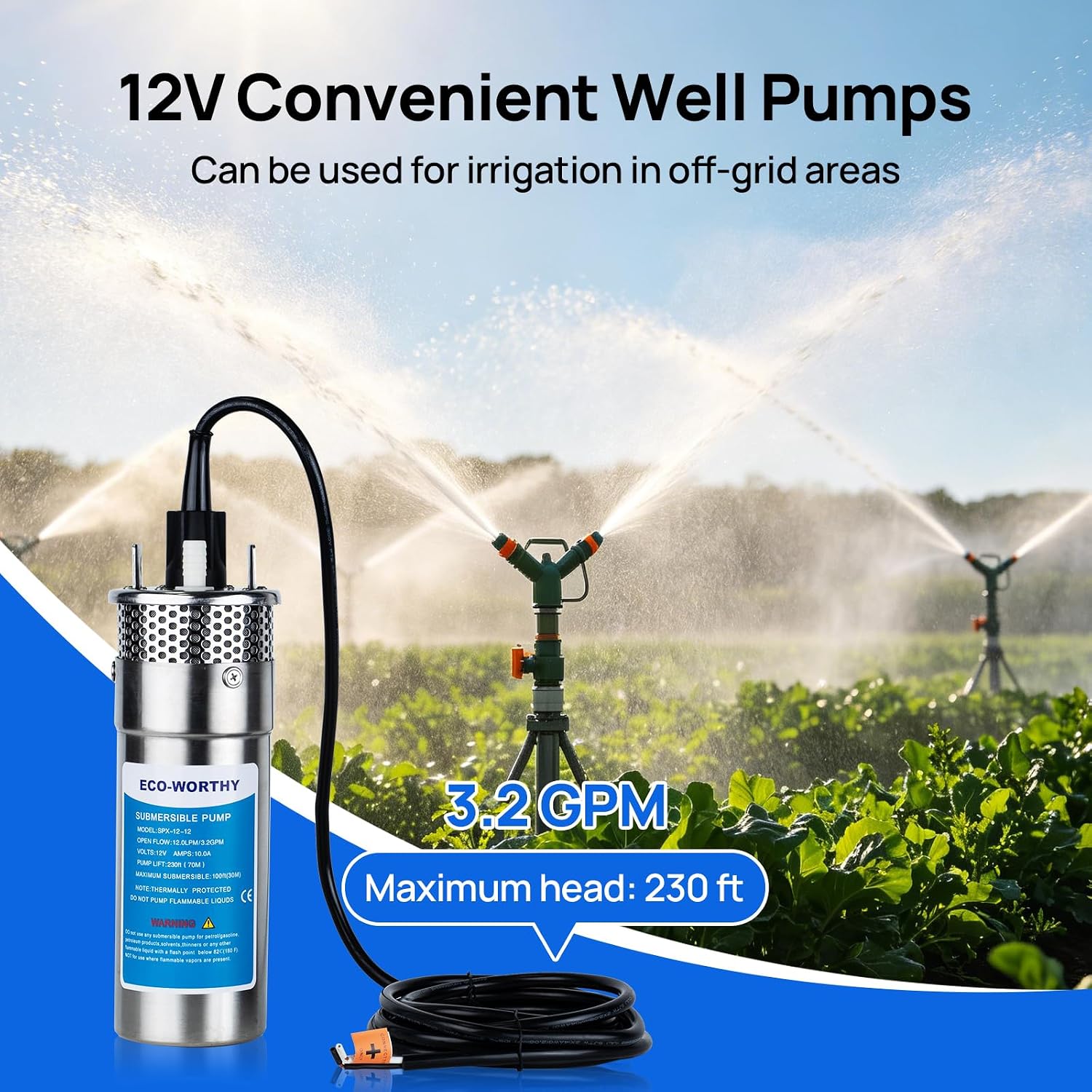 ECO-WORTHY 24V Submersible Deep Well Water Pump with 10ft Cable 1.6GPM 4'' 5A, Max Lift 230ft/70m, DC Pump/Alternative Energy Solar Battery Farm & Ranch Submersible Deep Well Pump