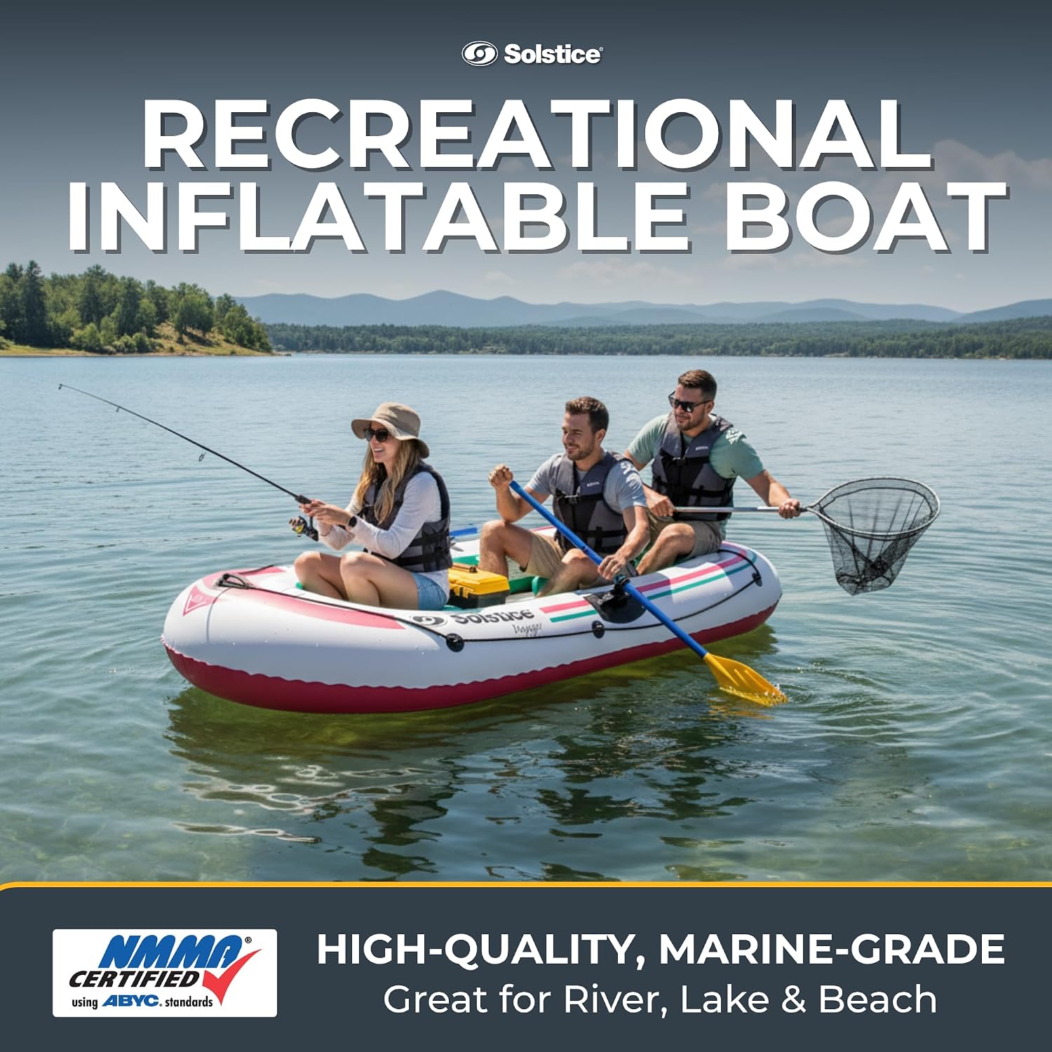 Solstice Voyager 4-Person Inflatable Fishing Boat with Dual Swivel Oar Locks and Rod -Holder, Motor Compatible 9' x 5'