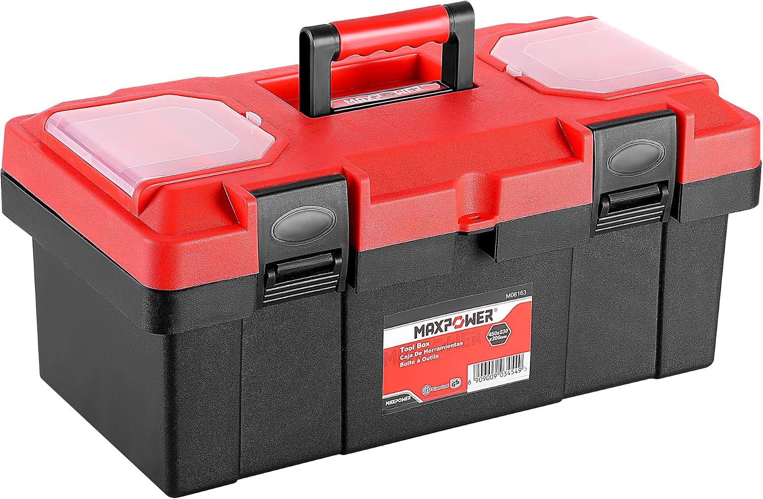 MAXPOWER Small Tool Box, 14-inch Plastic Tool Boxes with Handle | Removable Tray with Dual Lock Secured, Red Toolbox for Home