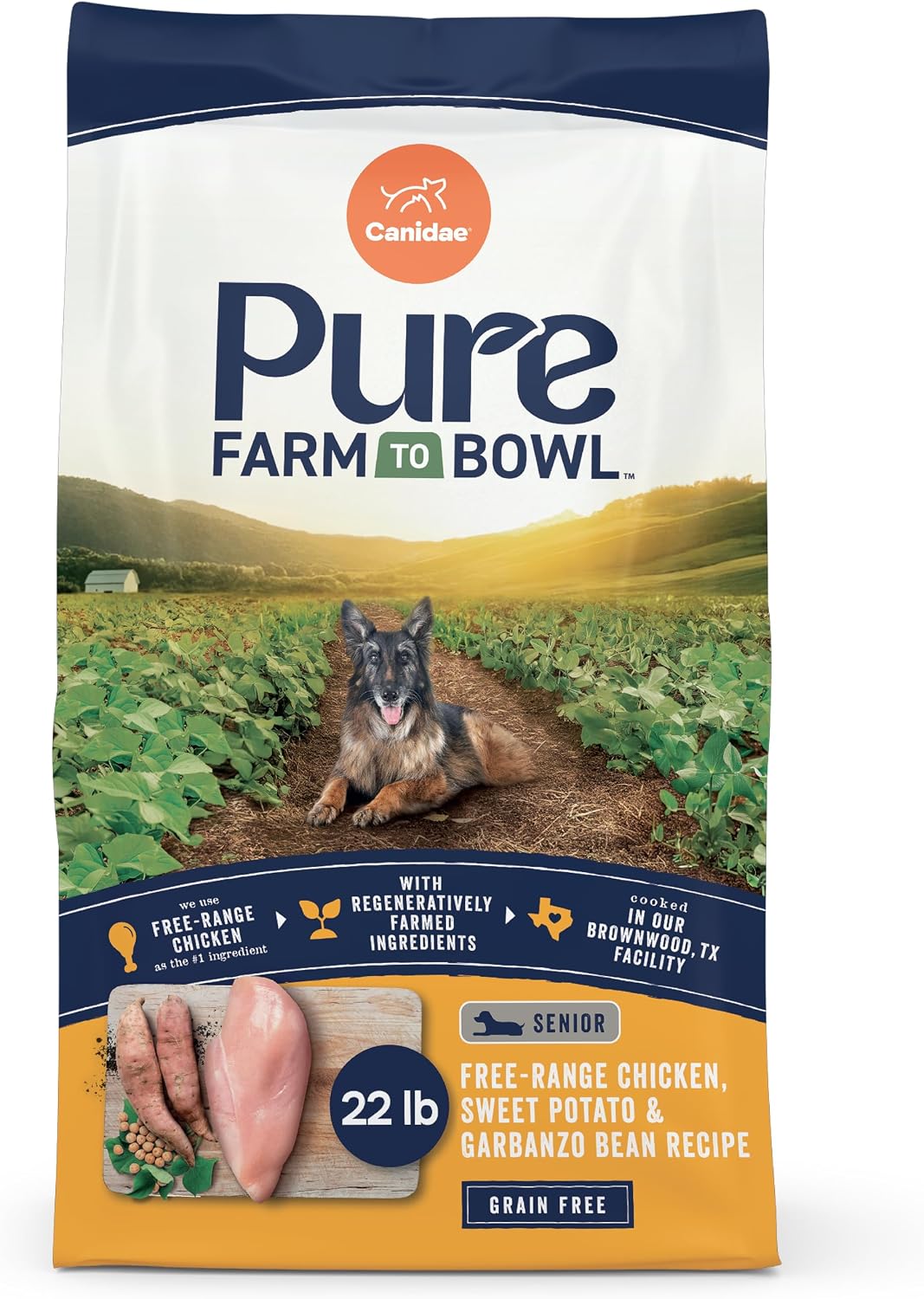 Canidae Pure Farm to Bowl Dry Senior Dog Food - Limited Ingredient Formula - Grain, Wheat & Soy-Free - Senior Dog Friendly - 22 lb - Free-Range Chicken, Sweet Potato & Garbanzo Bean Recipe