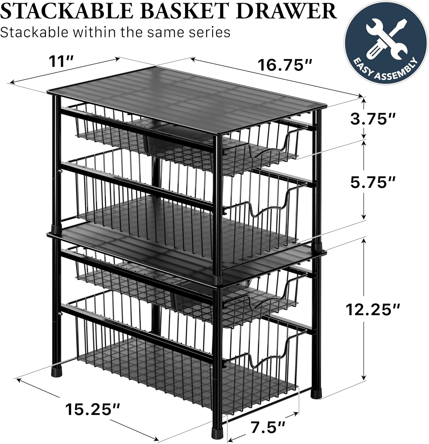 Simple Houseware Stackable 3 Tier Sliding Basket Organizer Drawer, Chrome