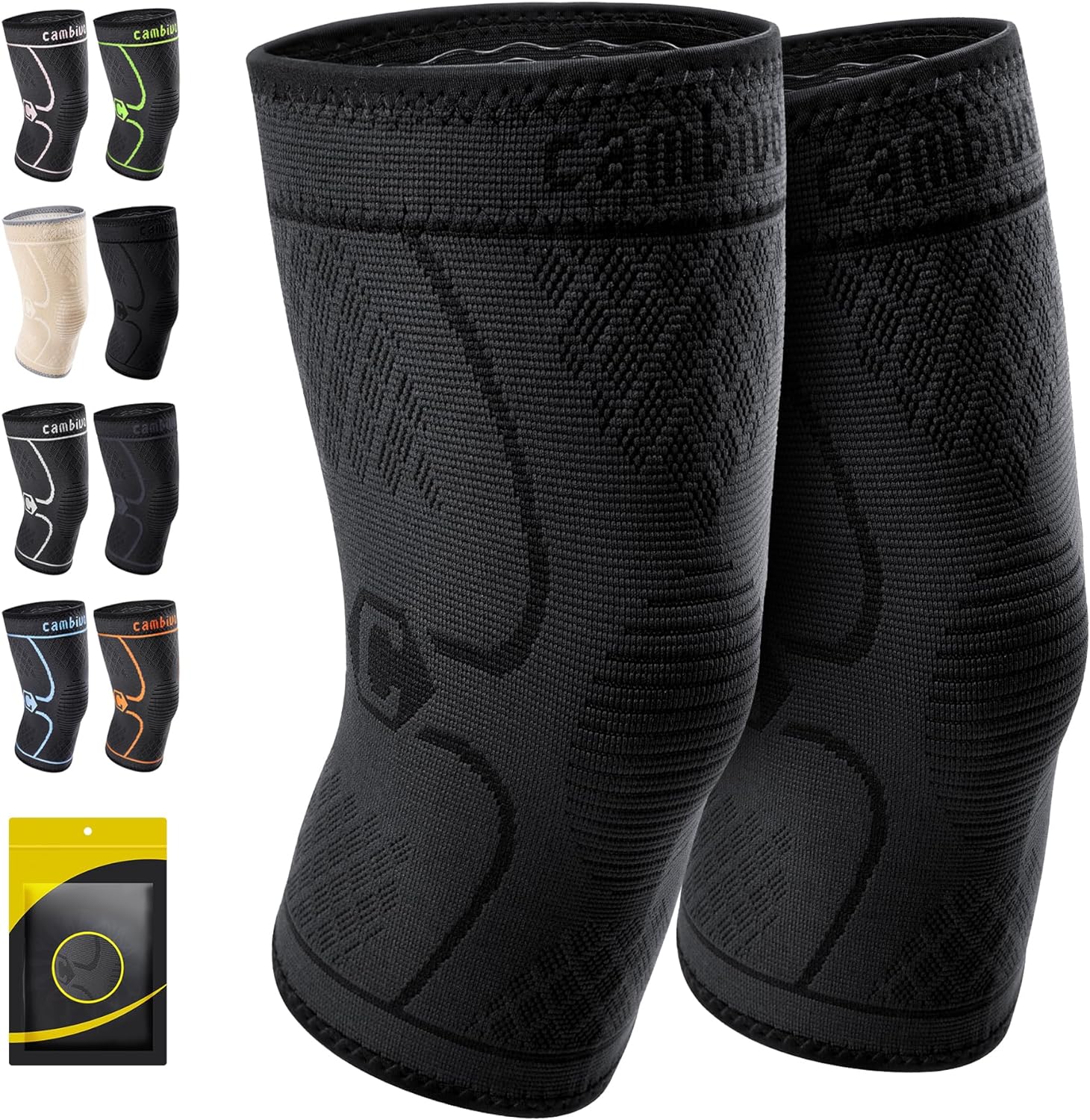 CAMBIVO 2 Pack Knee Braces for Women & Men, Knee Compression Sleeves for Knee Pain Relief, Knee Support with Non-Slip Silicone, Breathable, for Running, Workout, Weightlifting & Daily Use, Arthritis Support (Black, Medium)