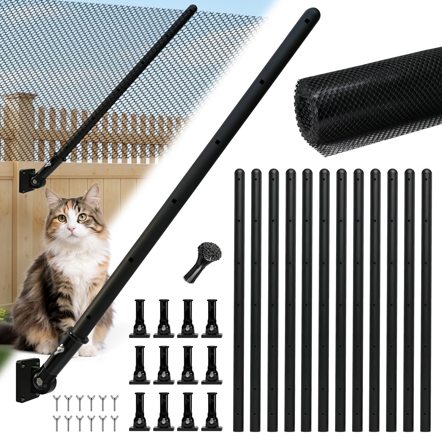 Cat Fence Extension & Conversion Kit | 30-Inch Height, 50-Foot, Wood, Metal, Vinyl & Brick Fences, Durable Polyethylene, Easy Install, Complete Set